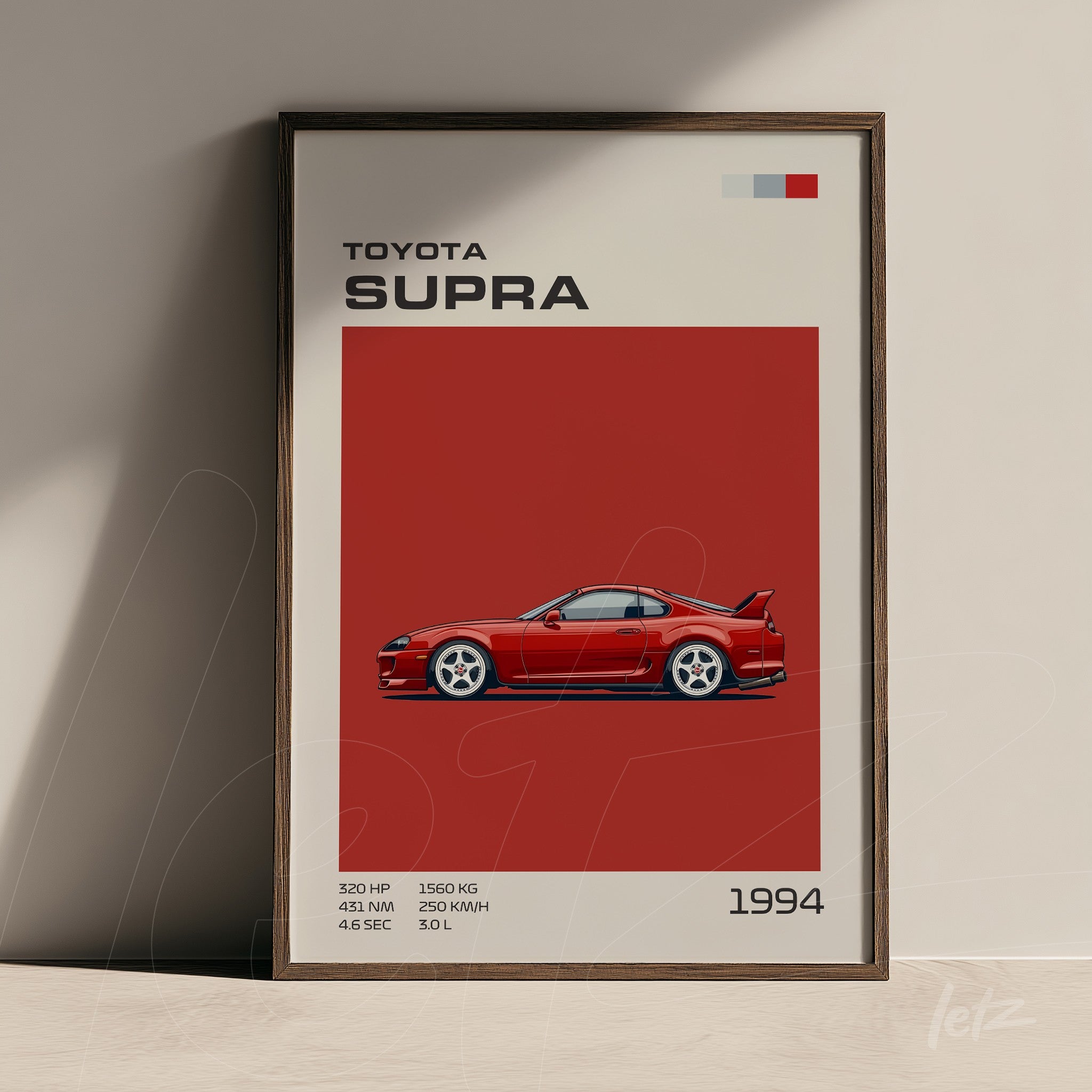 quadro com ilustração do carro Toyota Supra 1994 em fundo vermelho com moldura escura