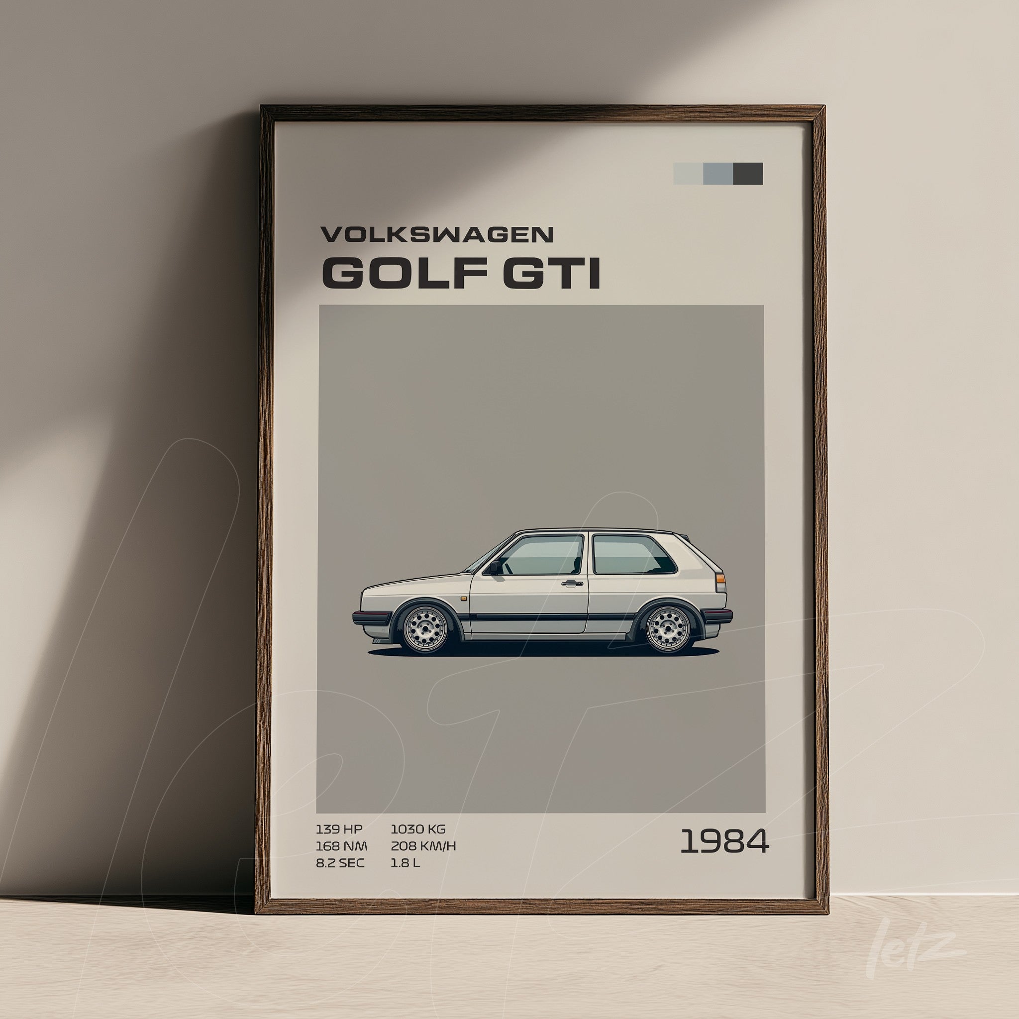 quadro com ilustração minimalista do carro Volkswagen Golf GTI em moldura de madeira escura