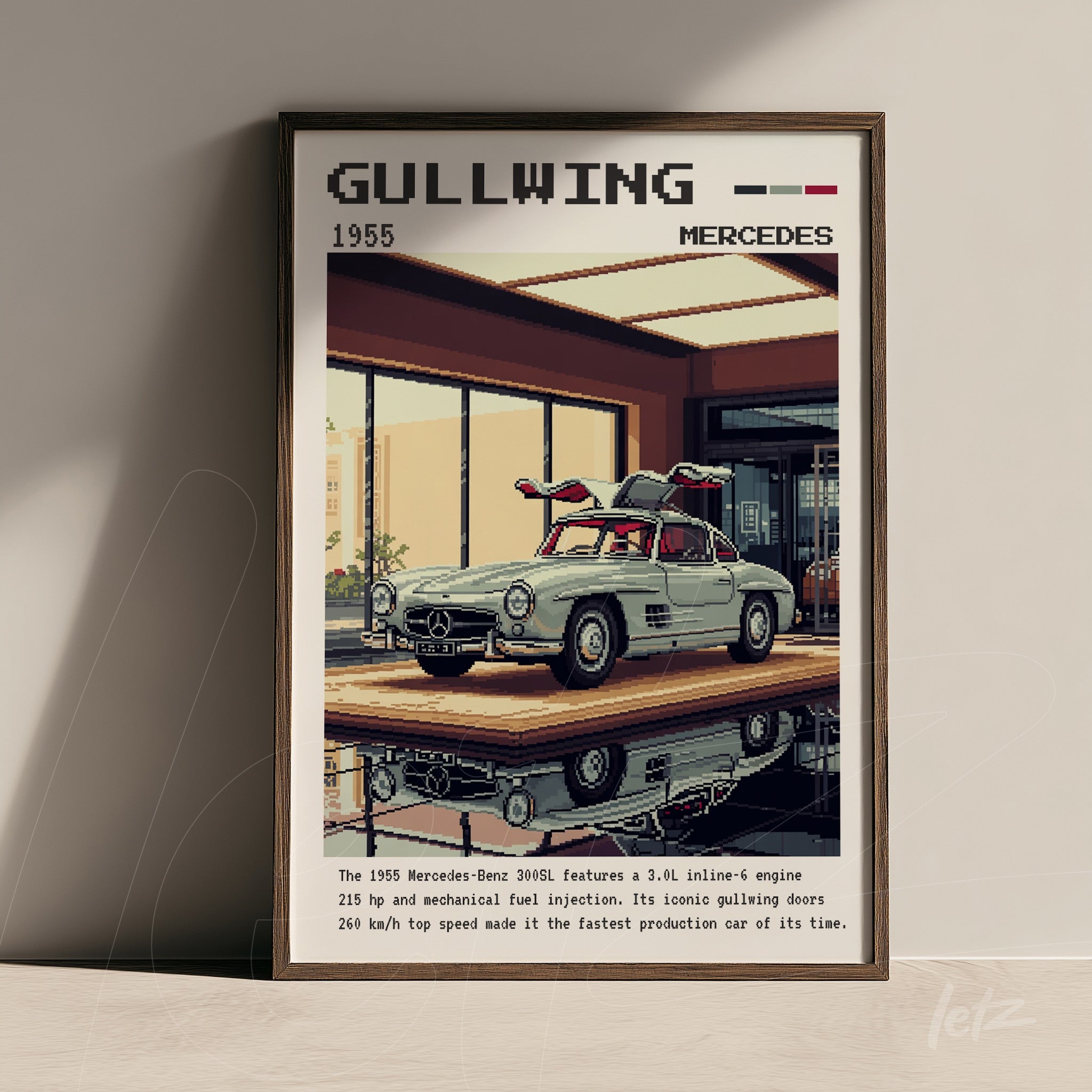 quadro com arte digital retrô do Mercedes-Benz 300SL Gullwing em moldura marrom, com fundo de uma garagem elegante