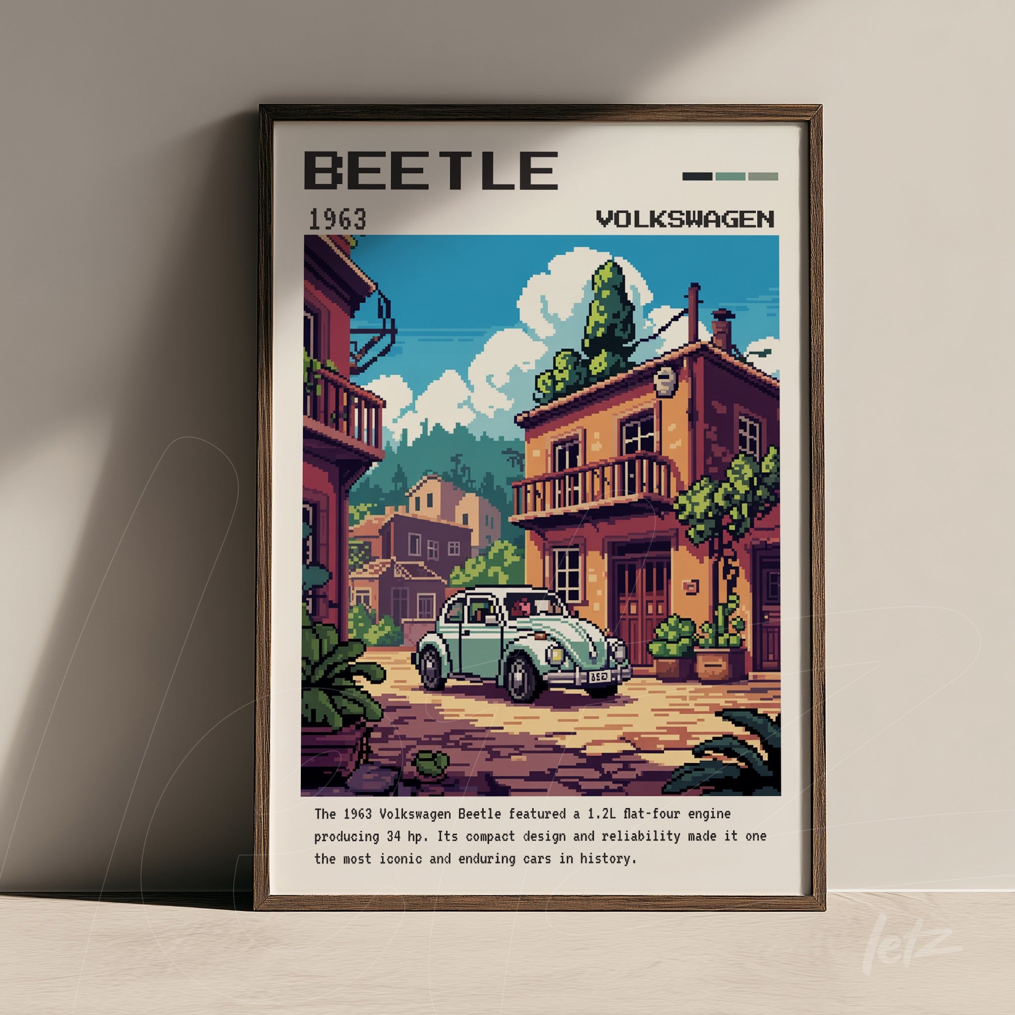quadro com arte em pixel art do Volkswagen Beetle de 1963 em moldura de madeira escura