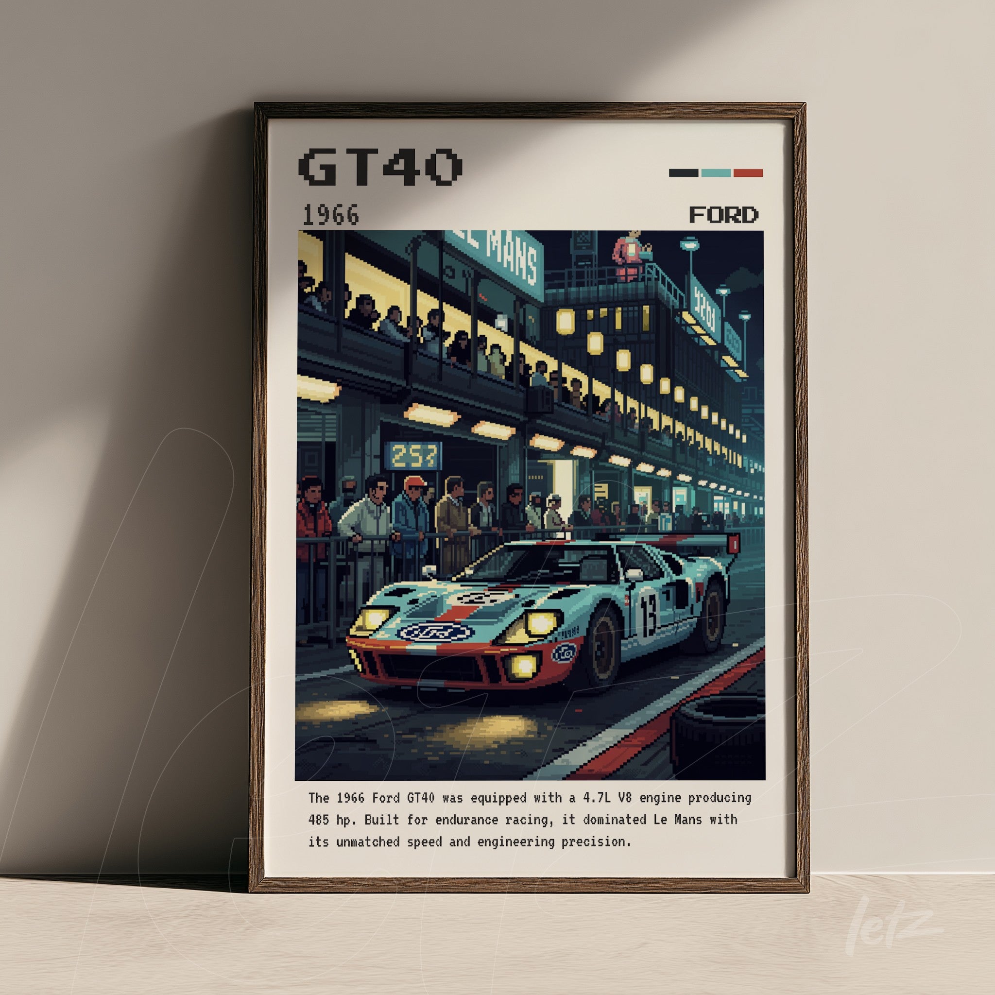 quadro com arte digital do carro Ford GT40 de 1966 em moldura escura com ambiente de corrida