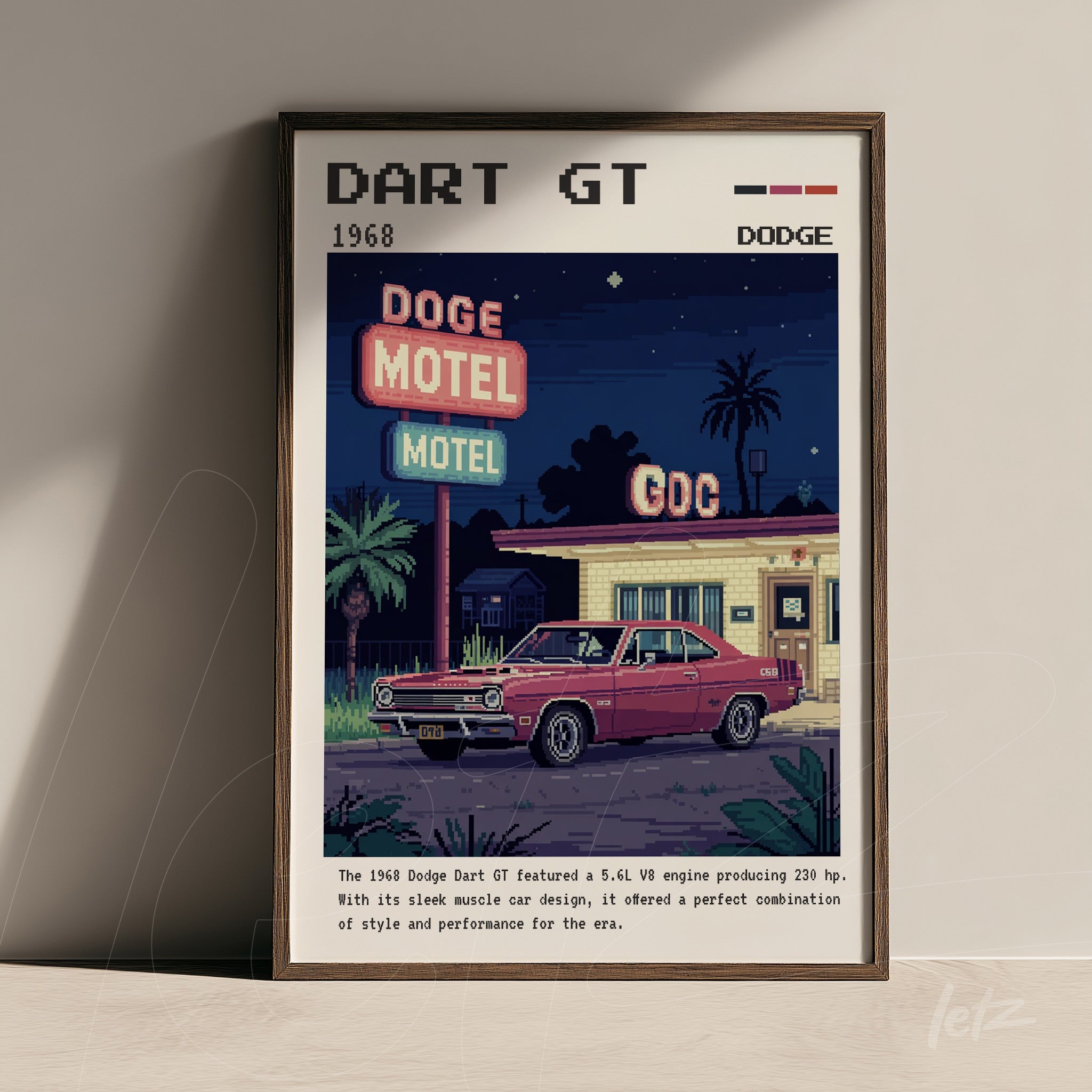 quadro com arte retrô de um Dodge Dart GT 1968 estacionado em frente a um motel, com fundo noturno e letreiros iluminados