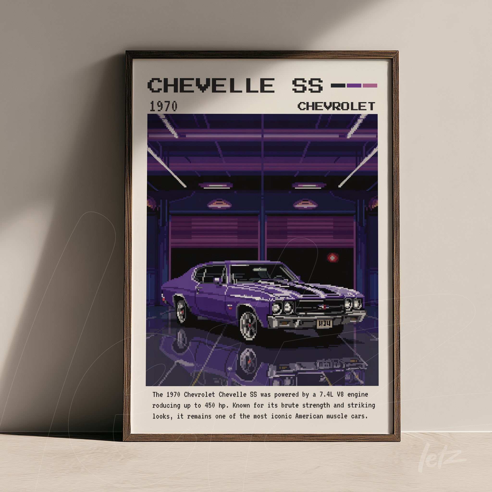 quadro com arte digital retrô de um carro Chevelle SS 1970 em moldura escura