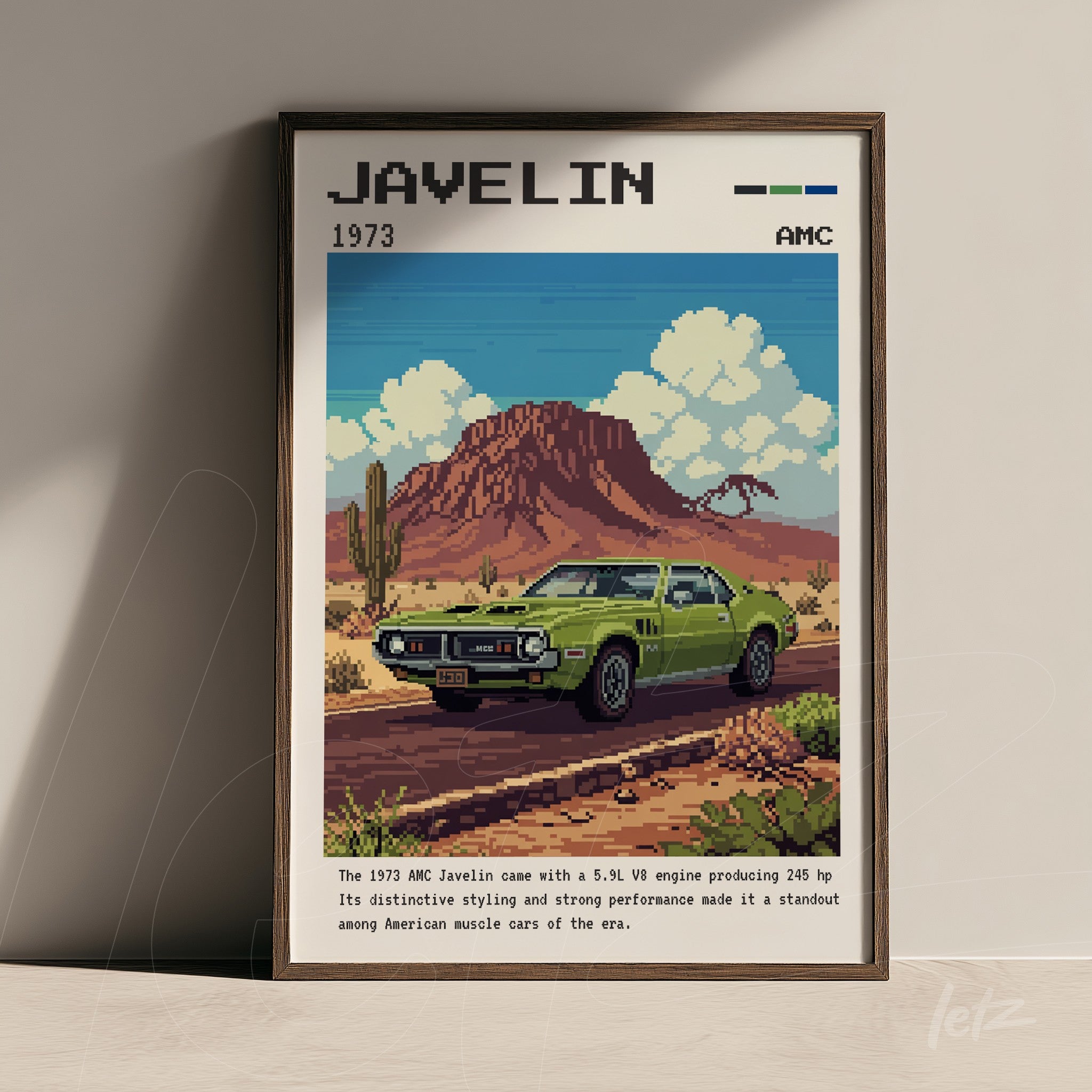 quadro com arte digital do carro Javelin 1973 em moldura escura com fundo de montanhas e cactos