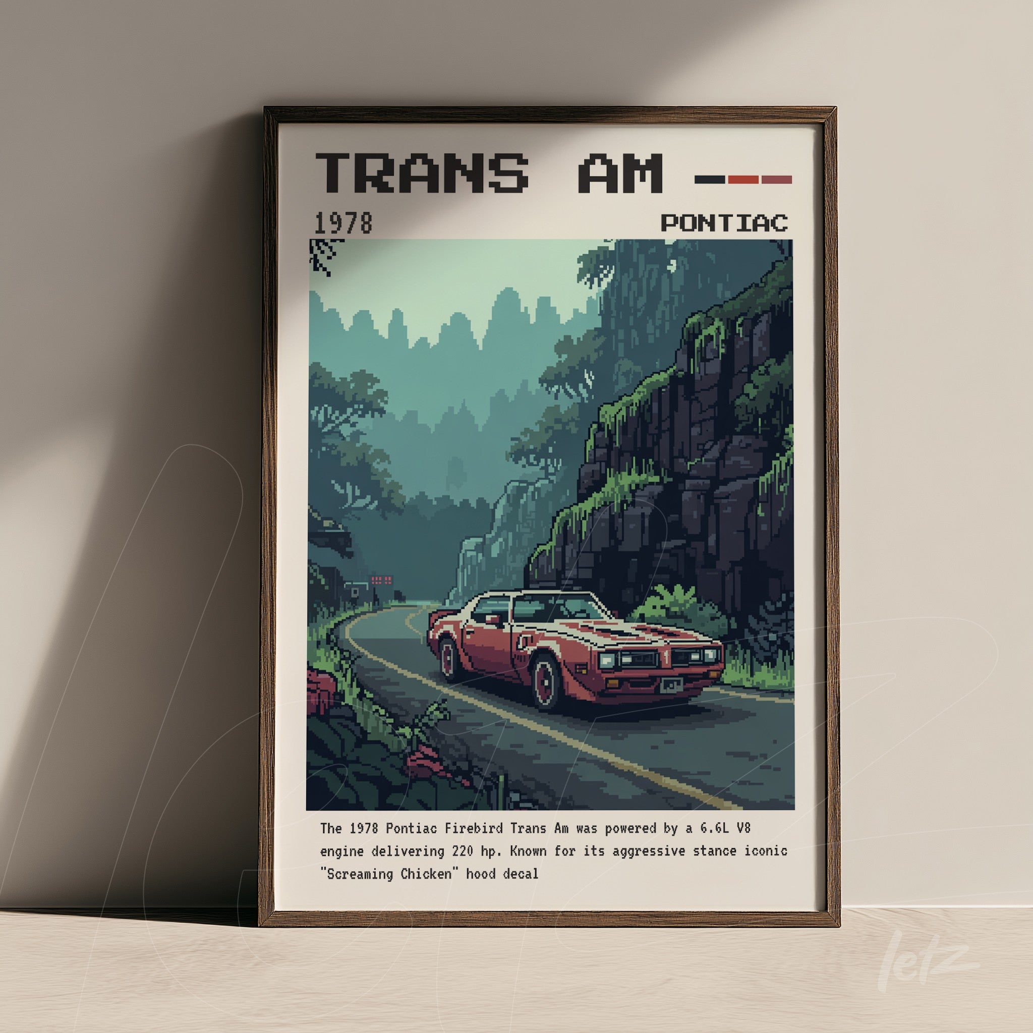 quadro com arte em pixel do carro Pontiac Trans Am em uma estrada sinuosa com montanhas ao fundo, moldura marrom