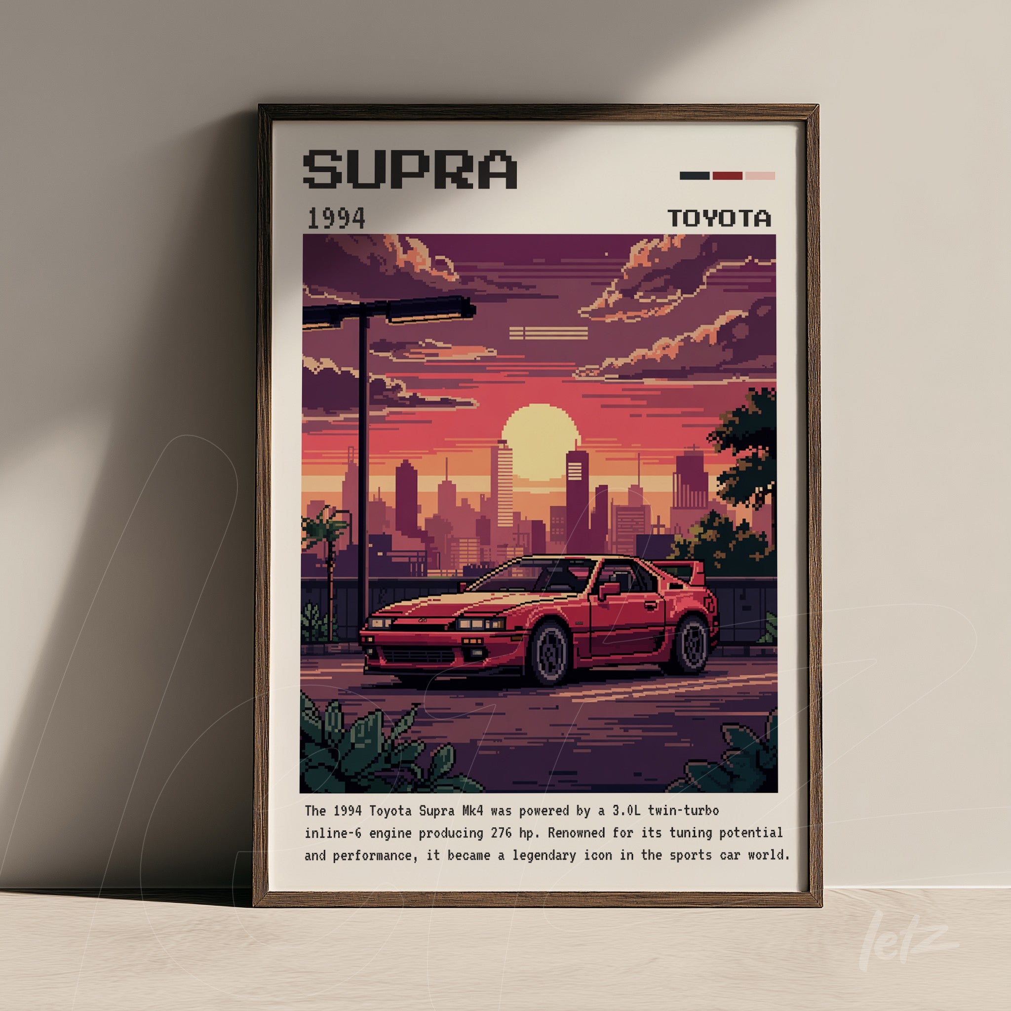 quadro emoldurado com arte no estilo pixel art de um carro Toyota Supra vermelho em uma paisagem urbana ao entardecer