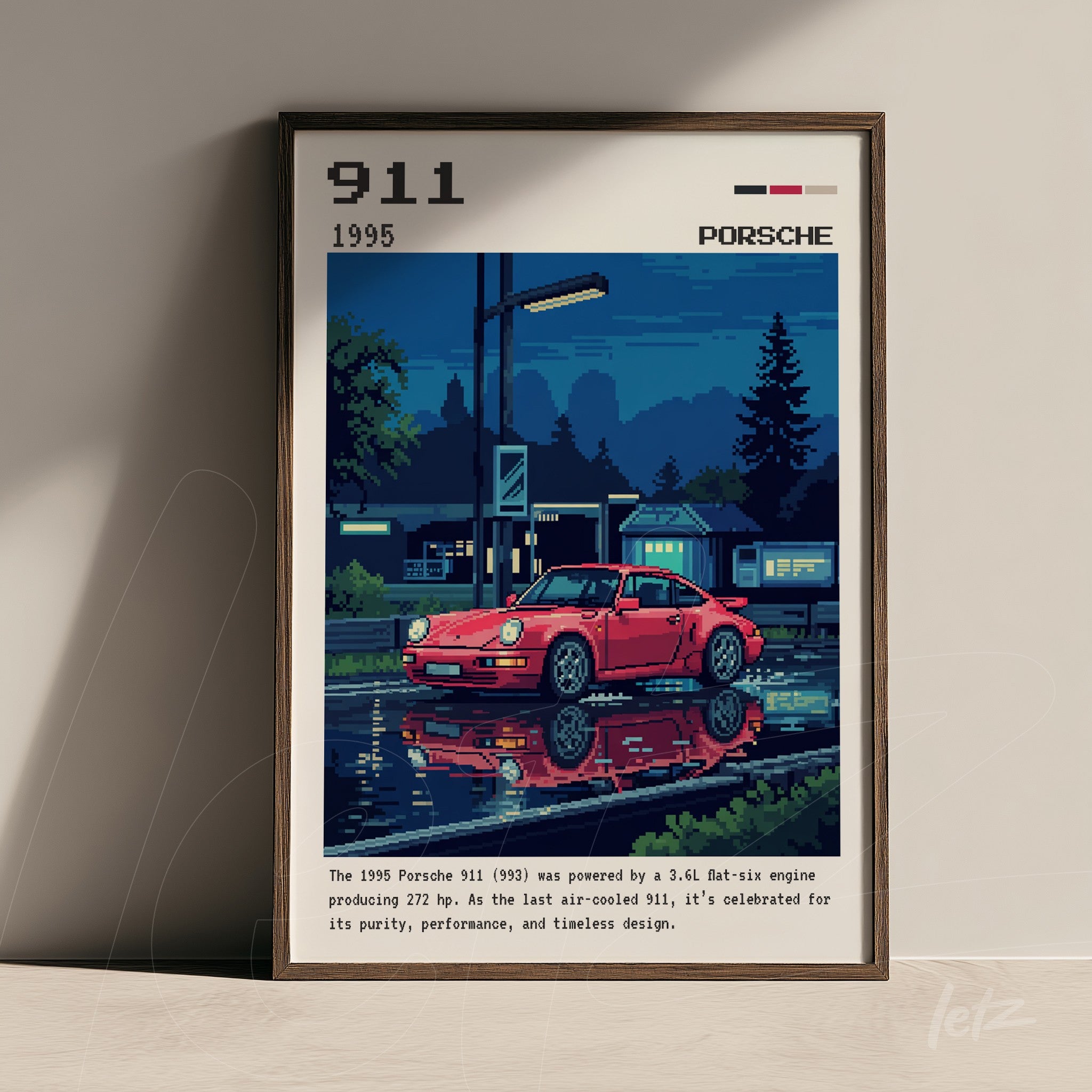 quadro com arte digital do carro Porsche 911 de 1995 em moldura escura, refletindo em uma poça de água sob luz de poste