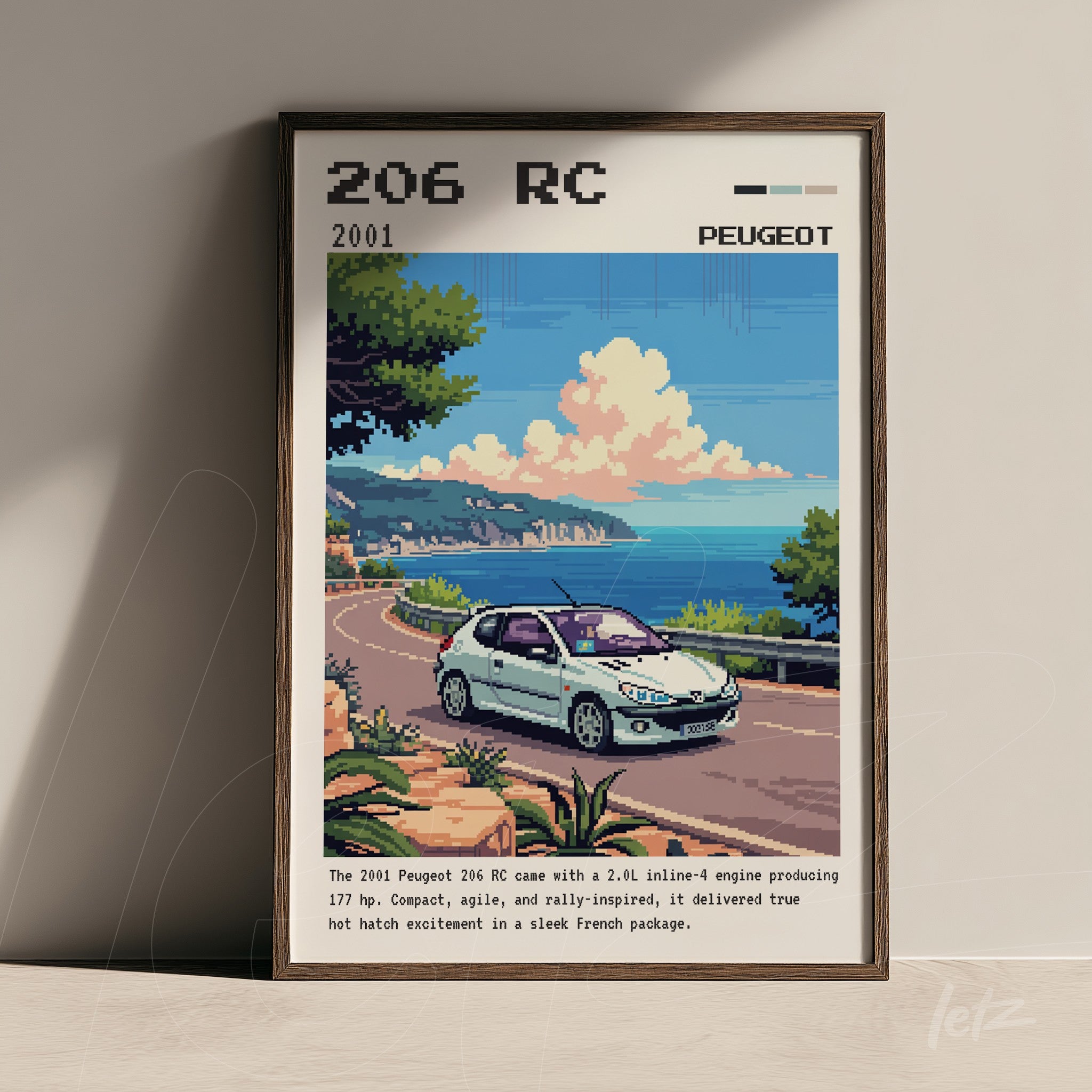 quadro com arte digital em estilo pixelado do carro Peugeot 206 RC em uma estrada costeira com vegetação