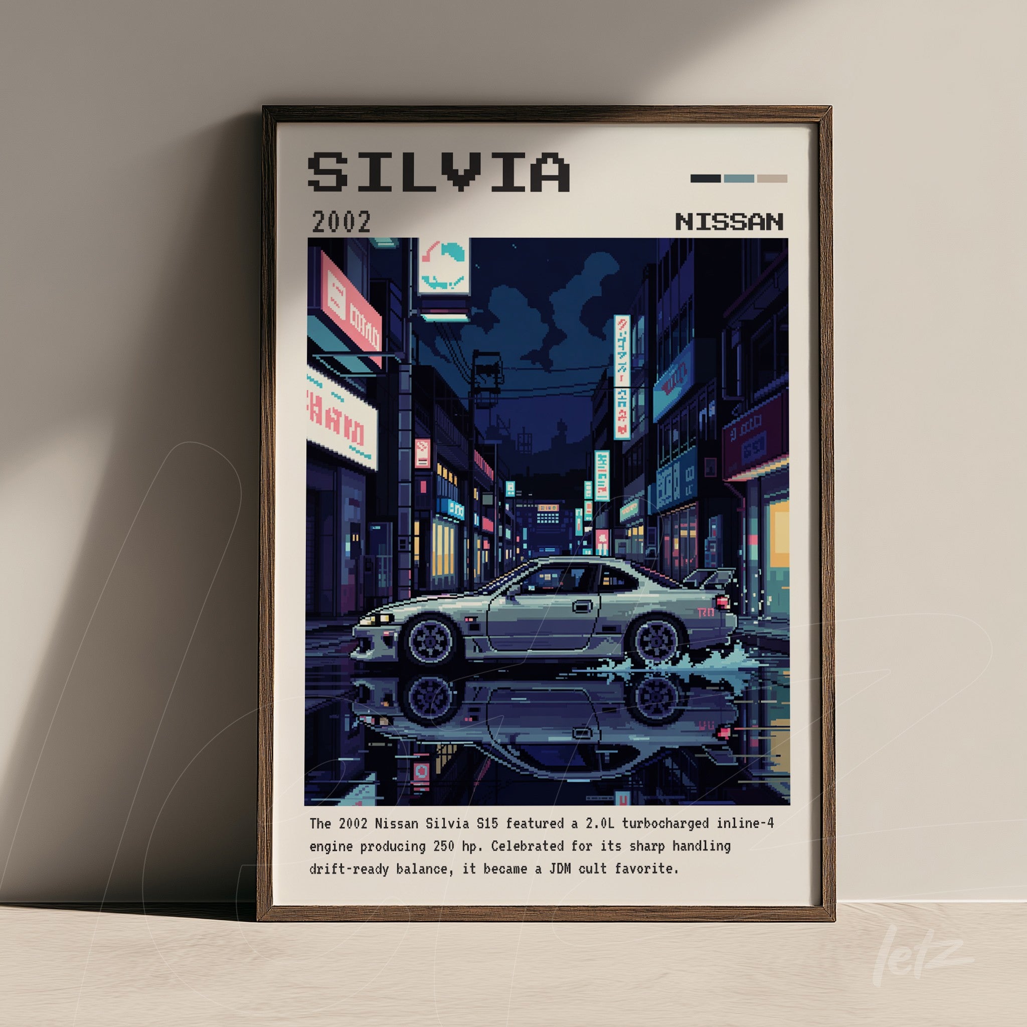 quadro com arte digital do carro Nissan Silvia em estilo retrô, emoldurado em madeira escura, refletindo luzes da cidade noturna