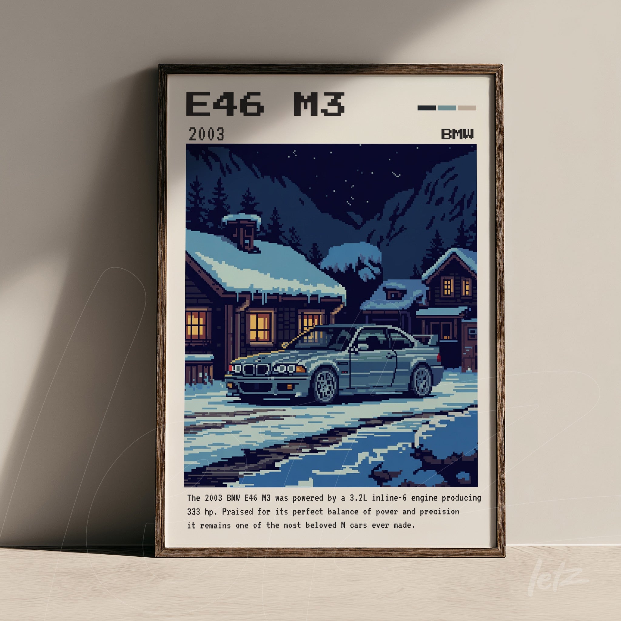 quadro emoldurado com arte em pixel art do BMW E46 M3, mostrando um carro prateado em uma paisagem de montanha com neve e chalés ao fundo