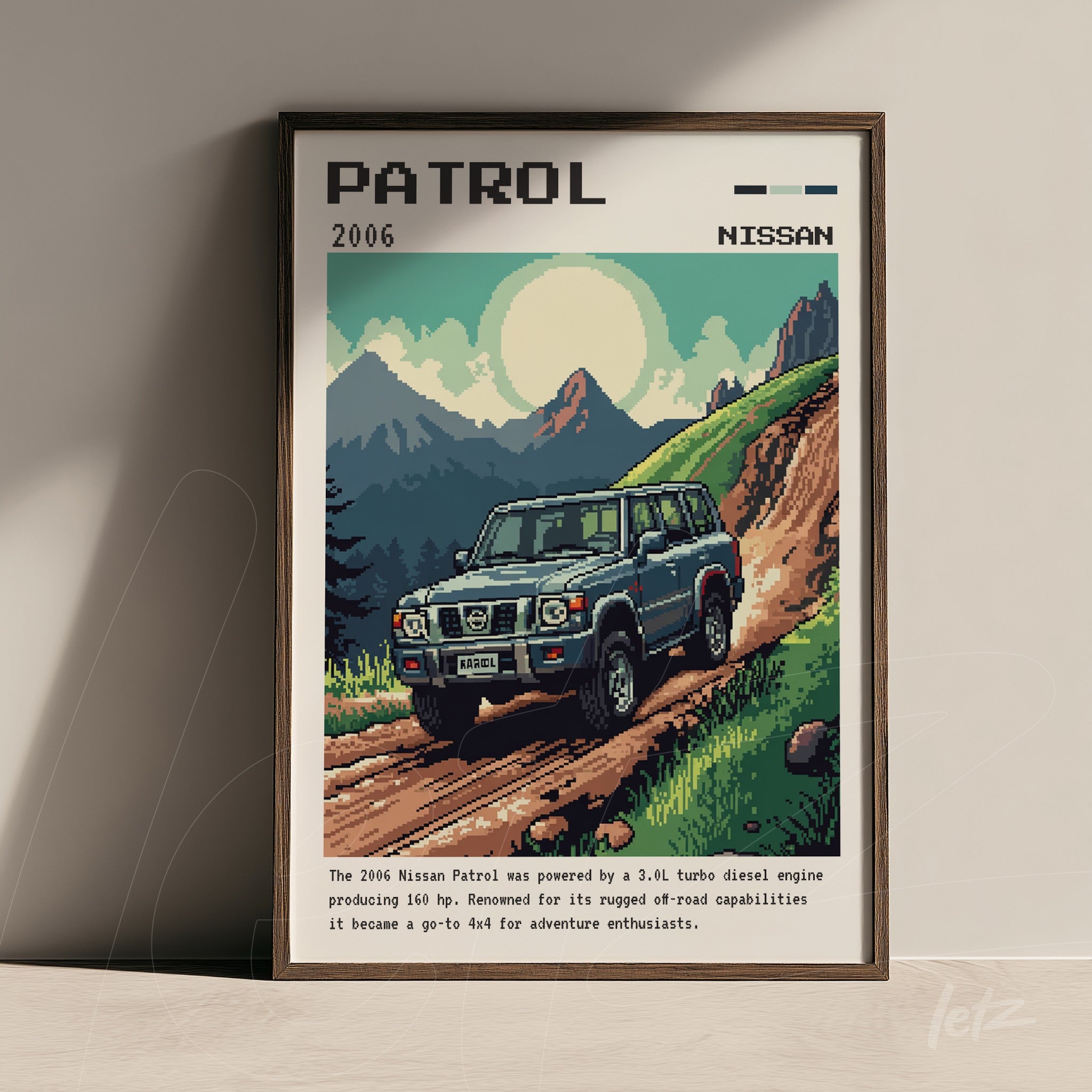 quadro com arte retrô do carro Nissan Patrol 2006 em moldura marrom