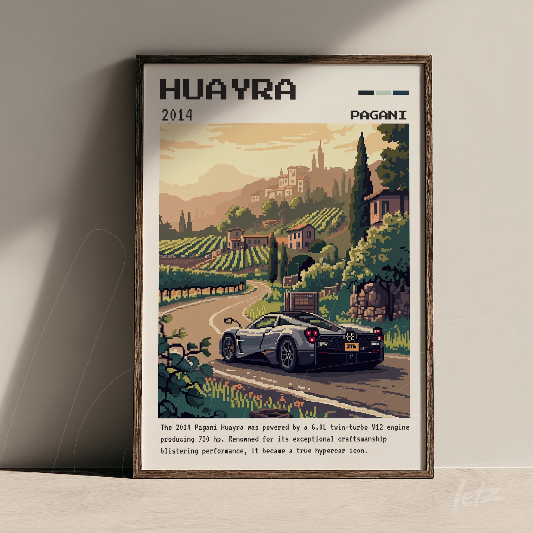 quadro emoldurado com arte retrô do carro Pagani Huayra em uma paisagem vinícola