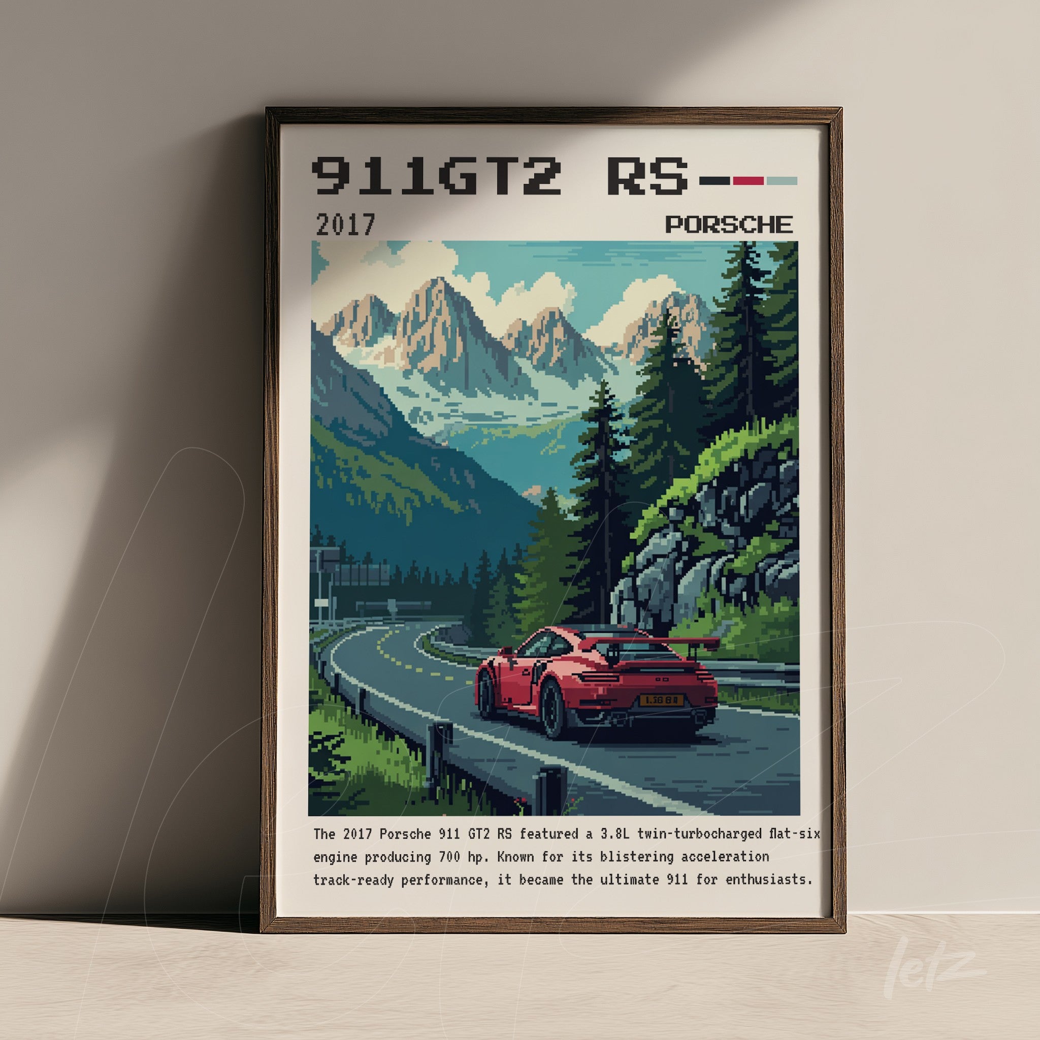 quadro com arte retro pixelada do Porsche 911 GT2 RS em uma estrada montanhosa com moldura escura