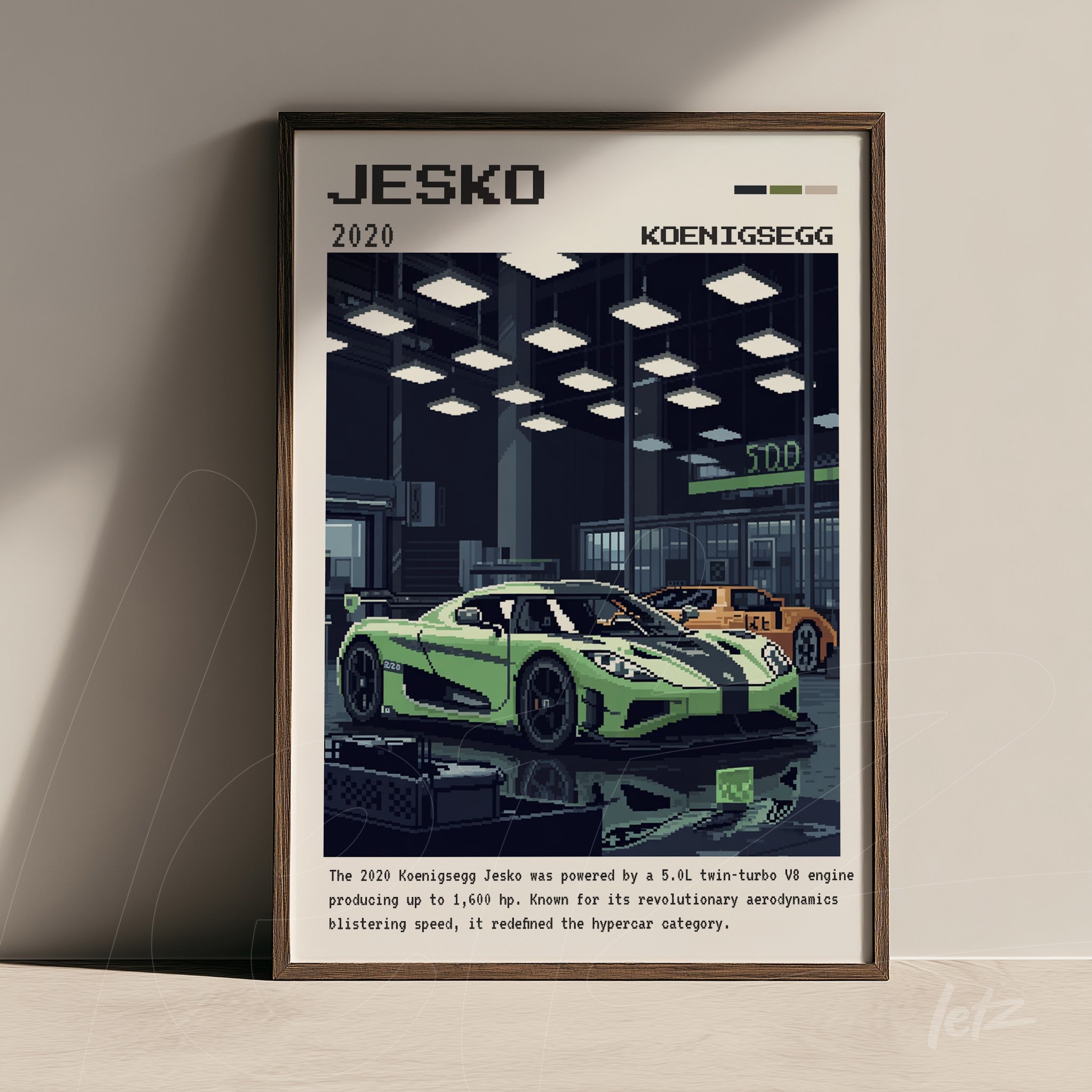 quadro com arte pixelada de carro Koenigsegg Jesko em ambiente de oficina moderna, moldura escura