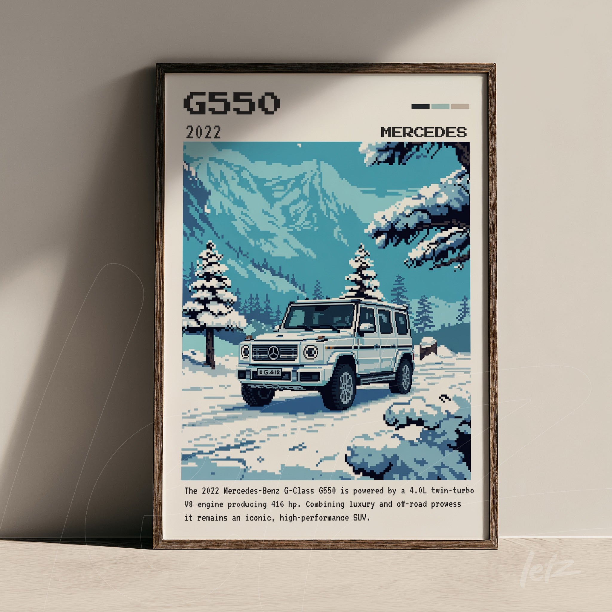 quadro em estilo pixel art retratando um Mercedes-Benz G-Class 2022 em um cenário nevado com montanhas ao fundo e moldura de madeira escura