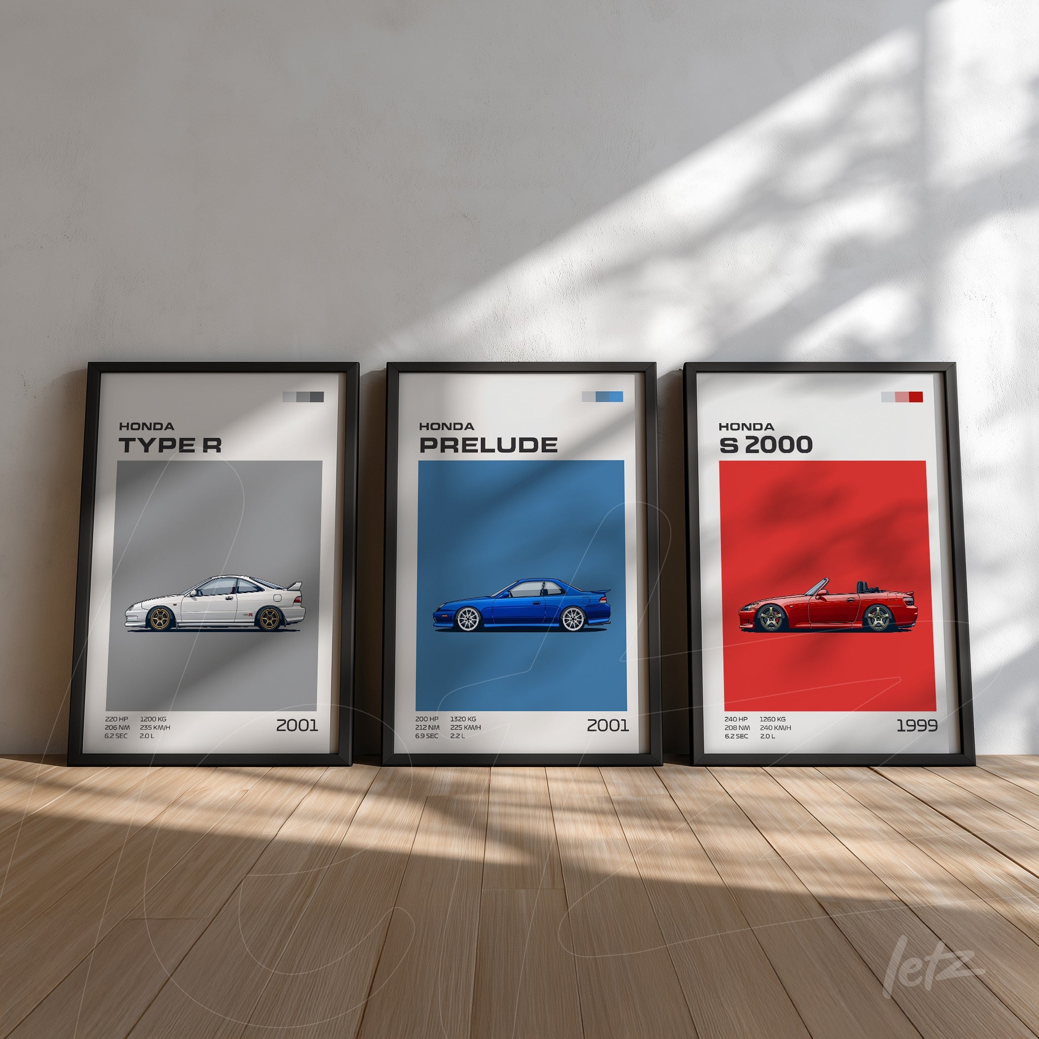 série de quadros com ilustrações de carros Honda em molduras pretas, destacando modelos Type R, Prelude e S2000 com fundo colorido