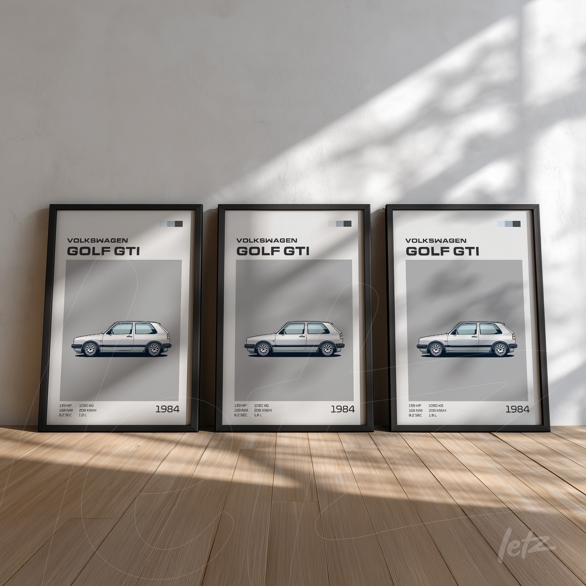 série de quadros com ilustrações em estilo minimalista do Volkswagen Golf GTI de 1984, dispostos em molduras pretas sobre uma parede clara