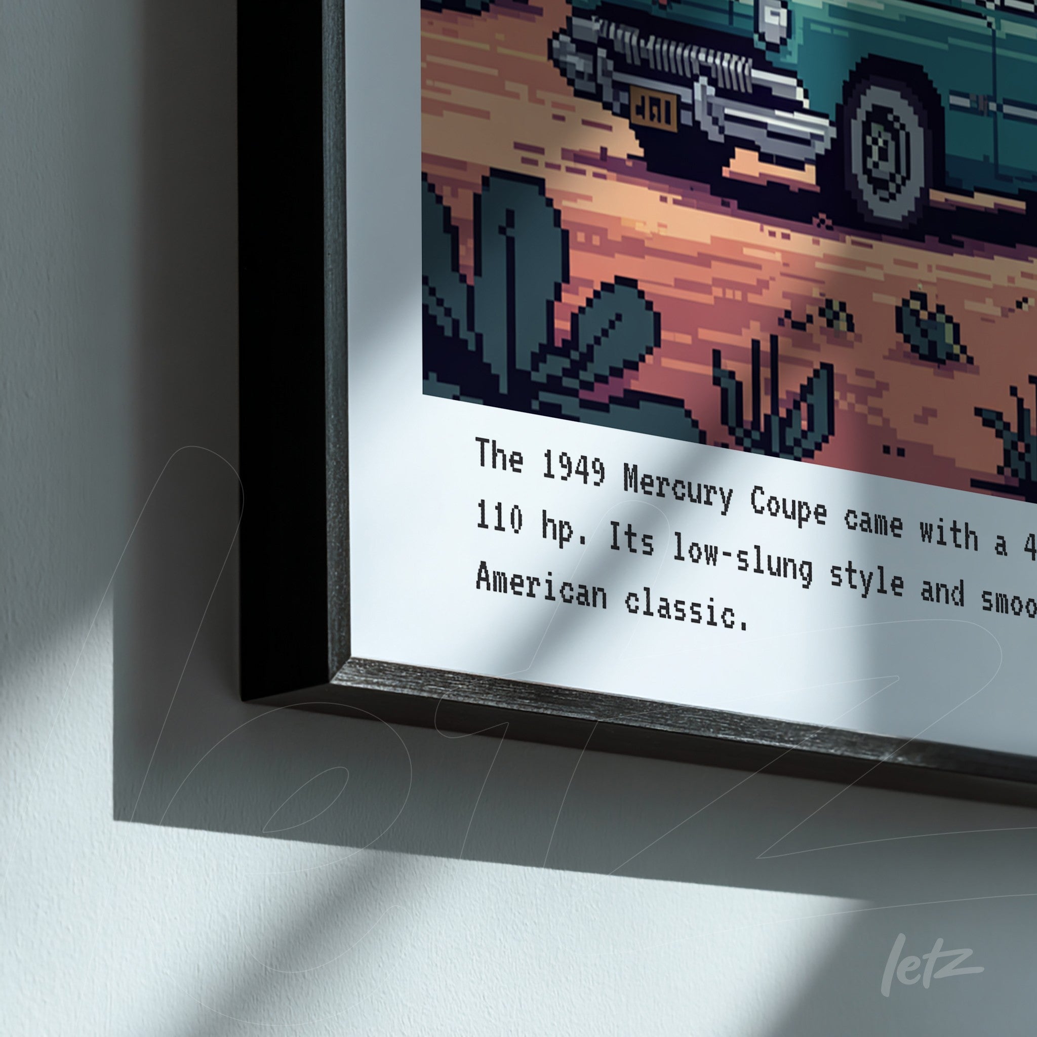 quadro com arte em pixel de um carro Mercury Coupe de 1949 em moldura preta