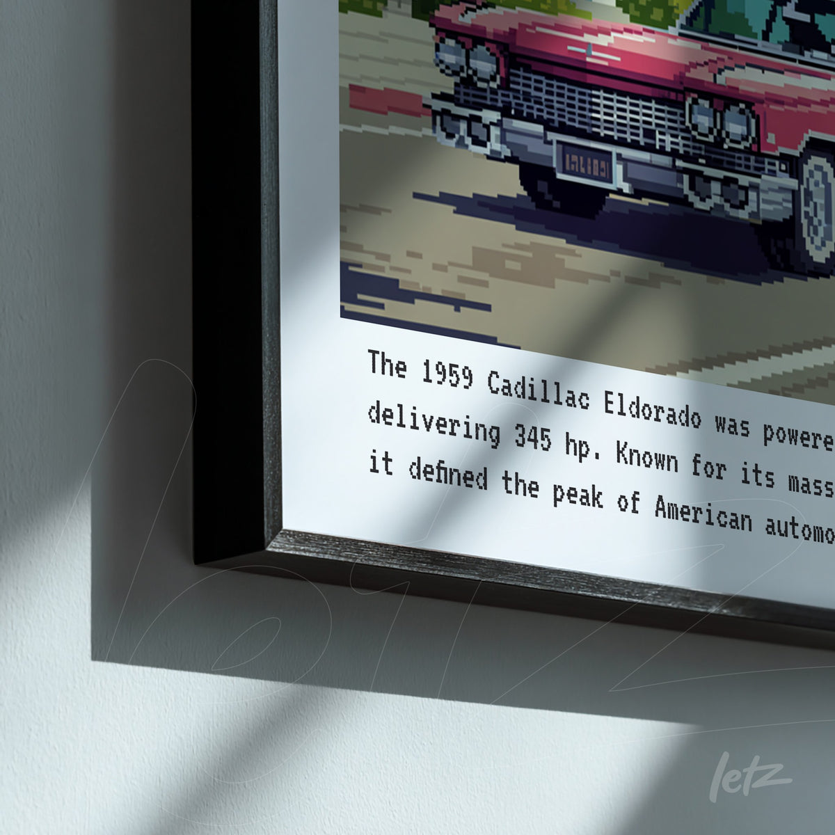 quadro em moldura preta com ilustração pixelada de um Cadillac Eldorado 1959 em fundo suave