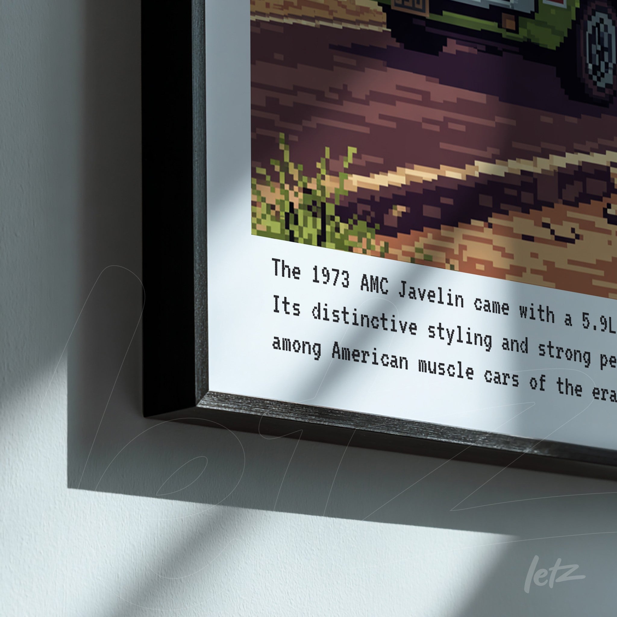 quadro com arte pixelada de um carro AMC Javelin de 1973 em moldura preta fina