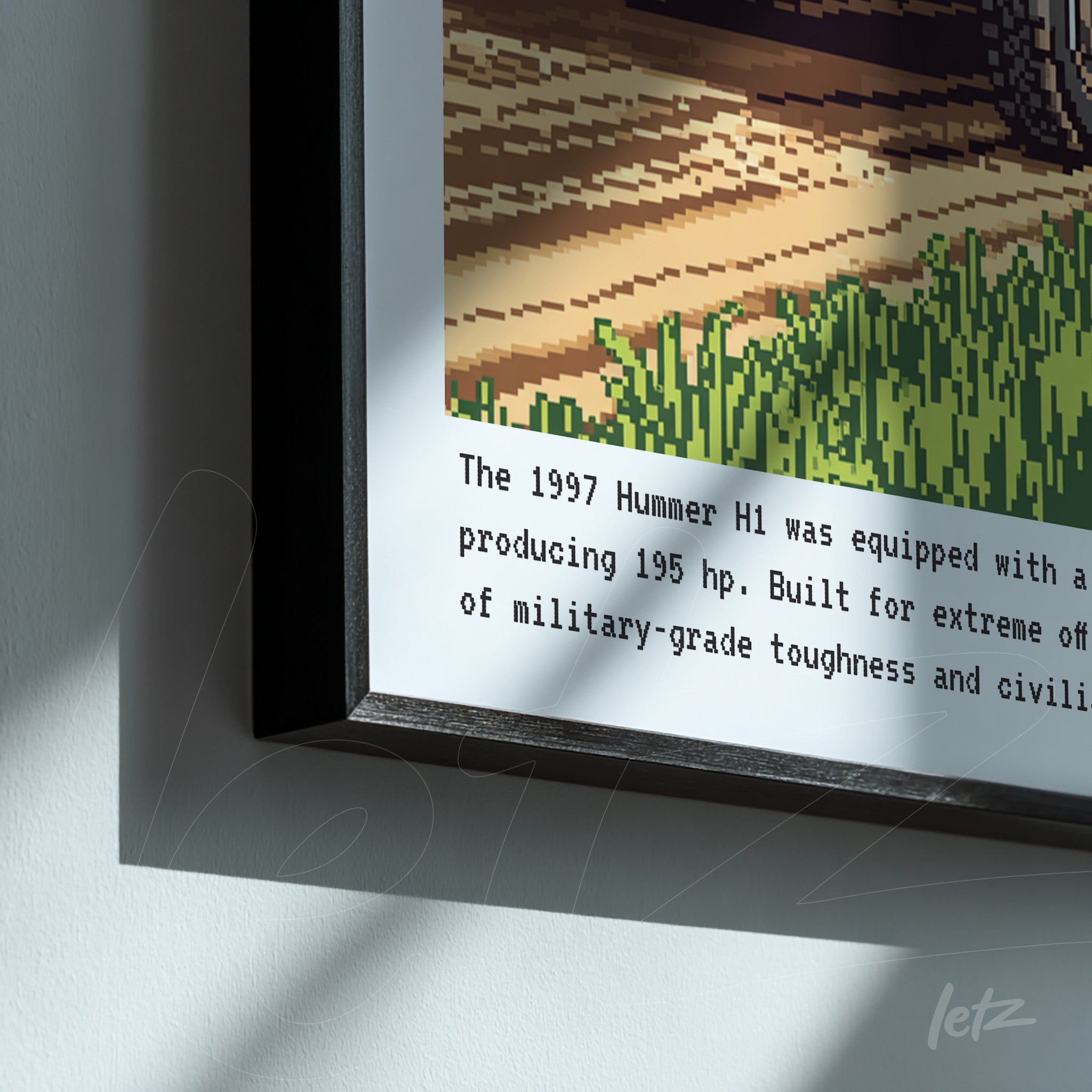 quadro com arte digital do Hummer H1 de 1997 destacando informações sobre seu desempenho, em moldura preta fina