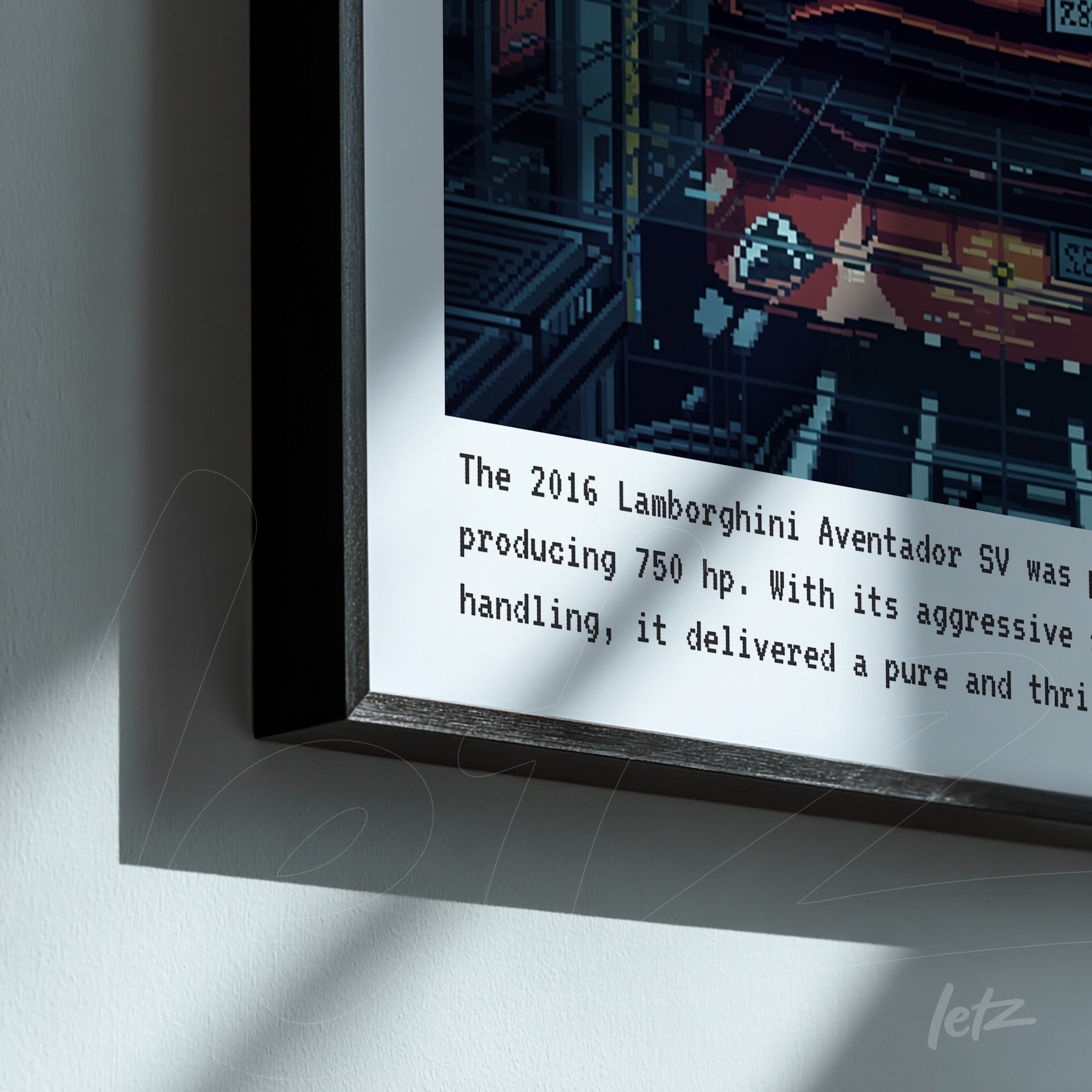 quadro de arte digital com ilustração de um Lamborghini Aventador SV em moldura preta