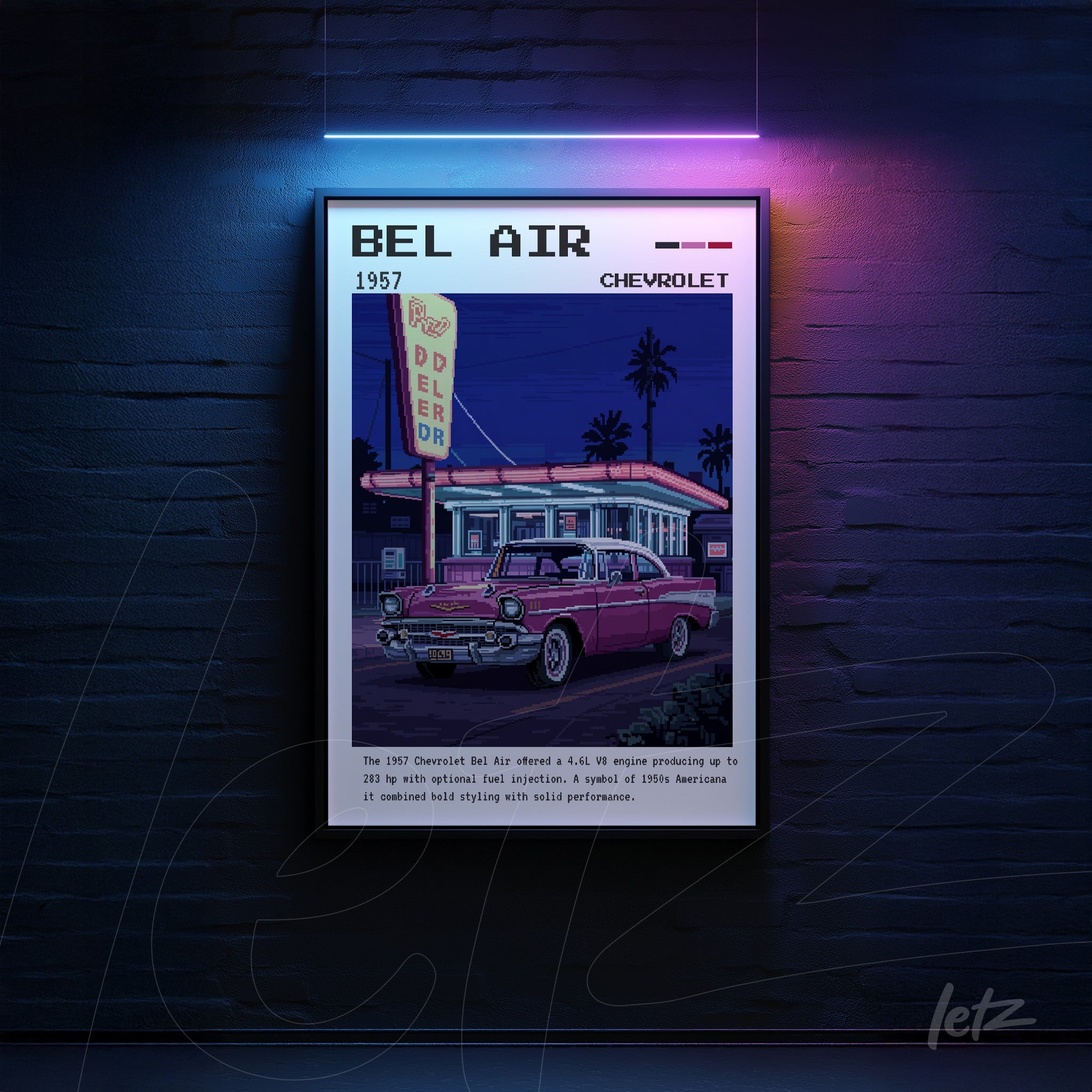 quadro com arte retro do Chevrolet Bel Air 1957 em moldura preta com iluminação moderna