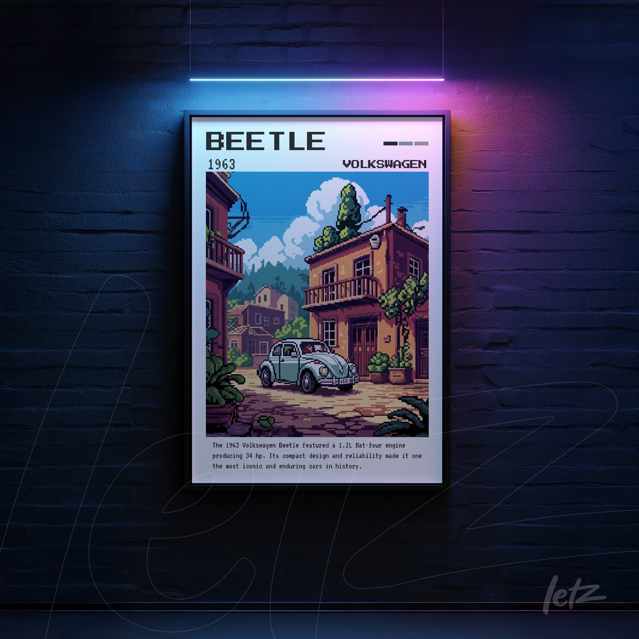 quadro com arte no estilo pixel art do carro Volkswagen Beetle em moldura preta, destacando uma cena urbana com casas coloridas e vegetação ao fundo