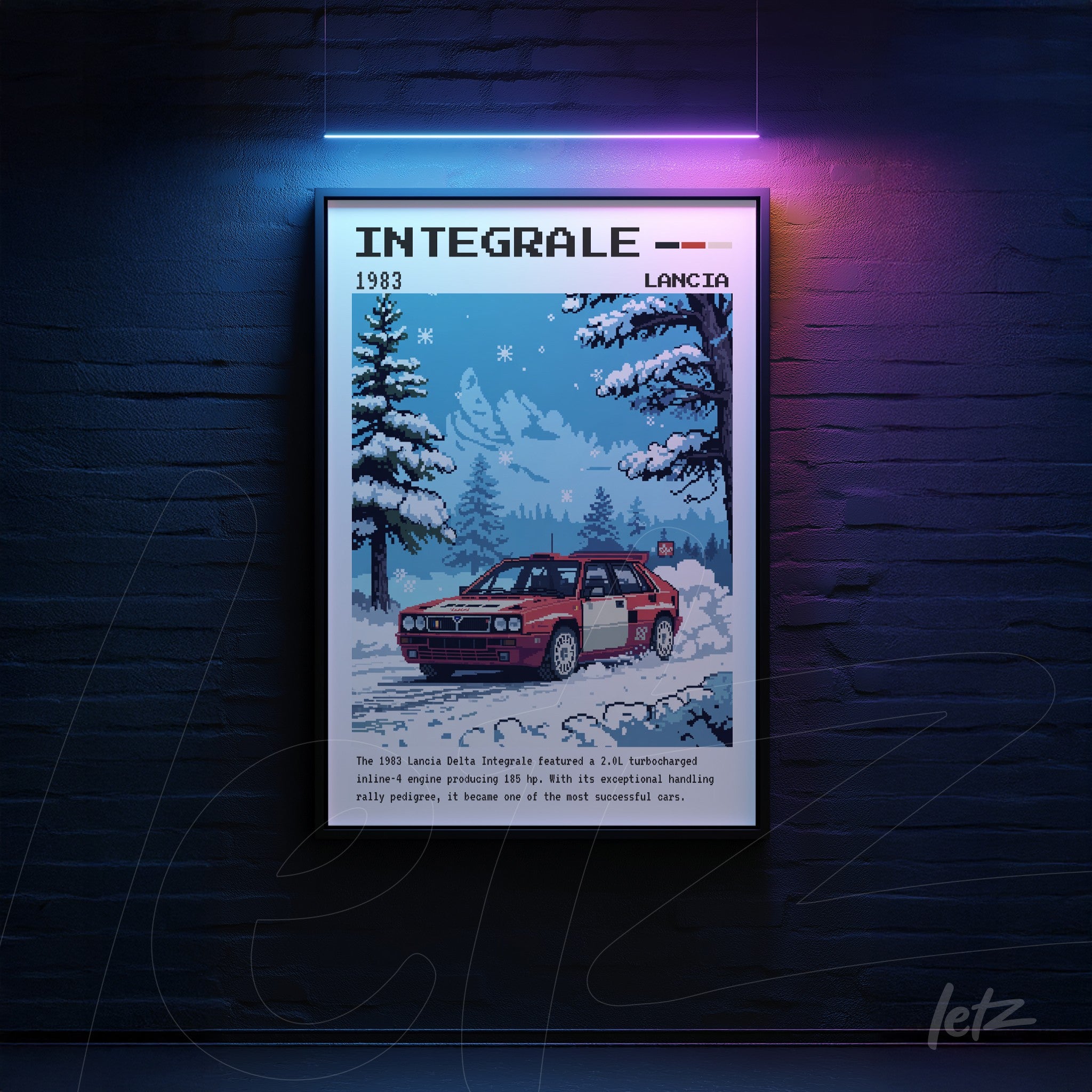 quadro em estilo retrô com ilustração pixelada do carro Lancia Integrale 1983 em cenário nevado, moldura preta