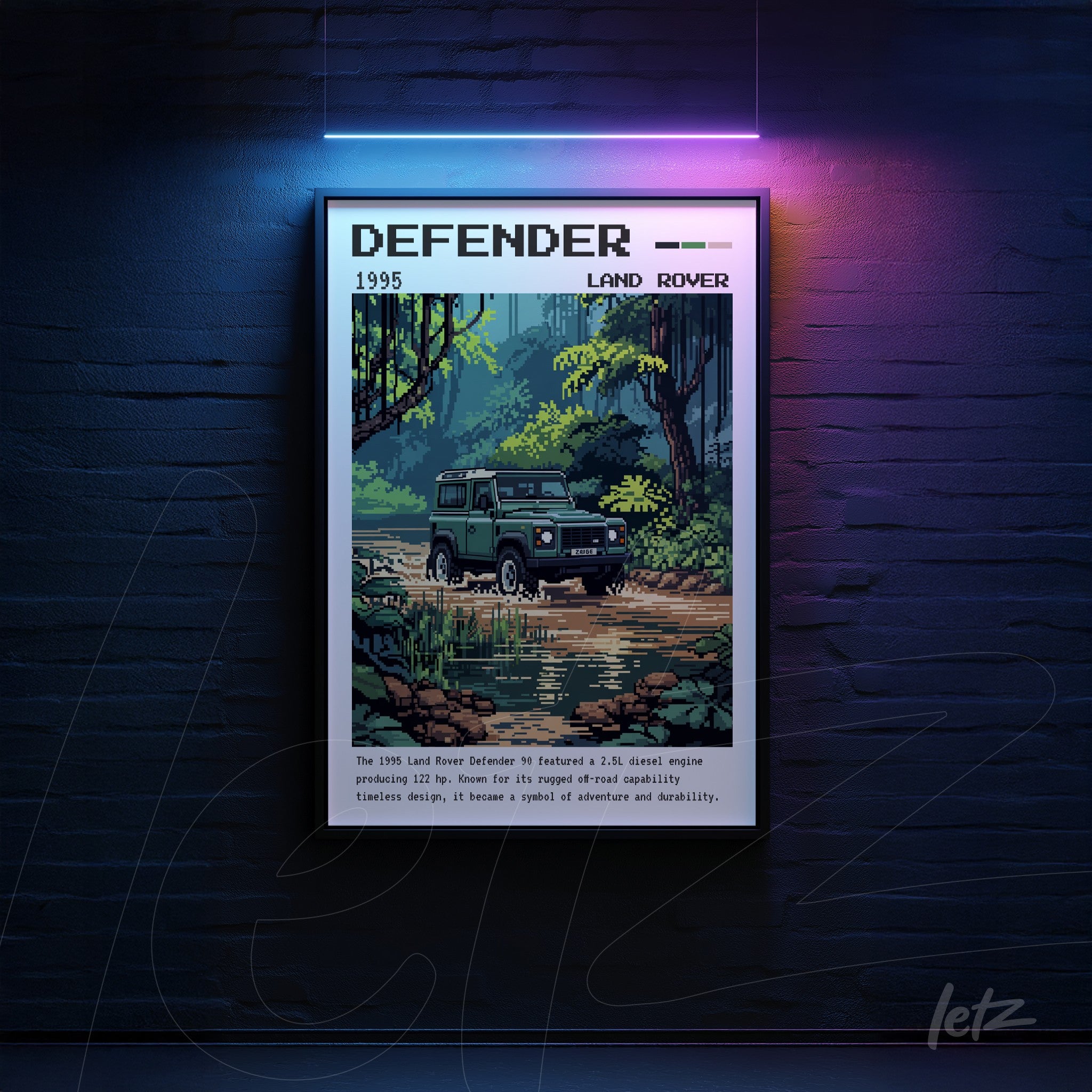 quadro com arte digital pixelada do carro Land Rover Defender 1995 em moldura escura, com fundo de vegetação exuberante