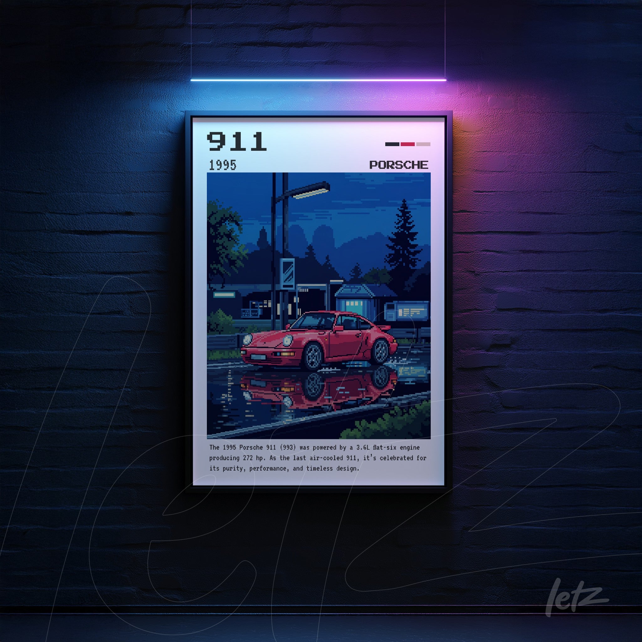 quadro com arte digital de um Porsche 911 vermelho refletido em água, com fundo noturno de uma cidade e moldura preta