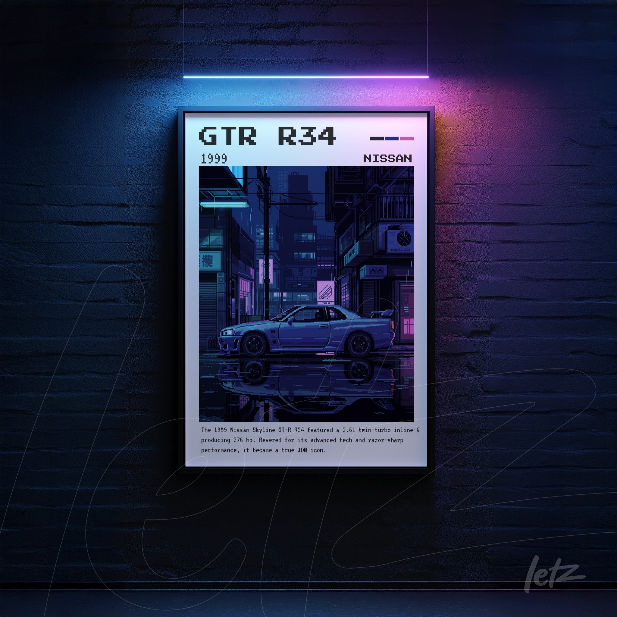 quadro com arte inspirada no Nissan GTR R34 de 1999, destacando uma cena noturna de cidade futurista com iluminação neon