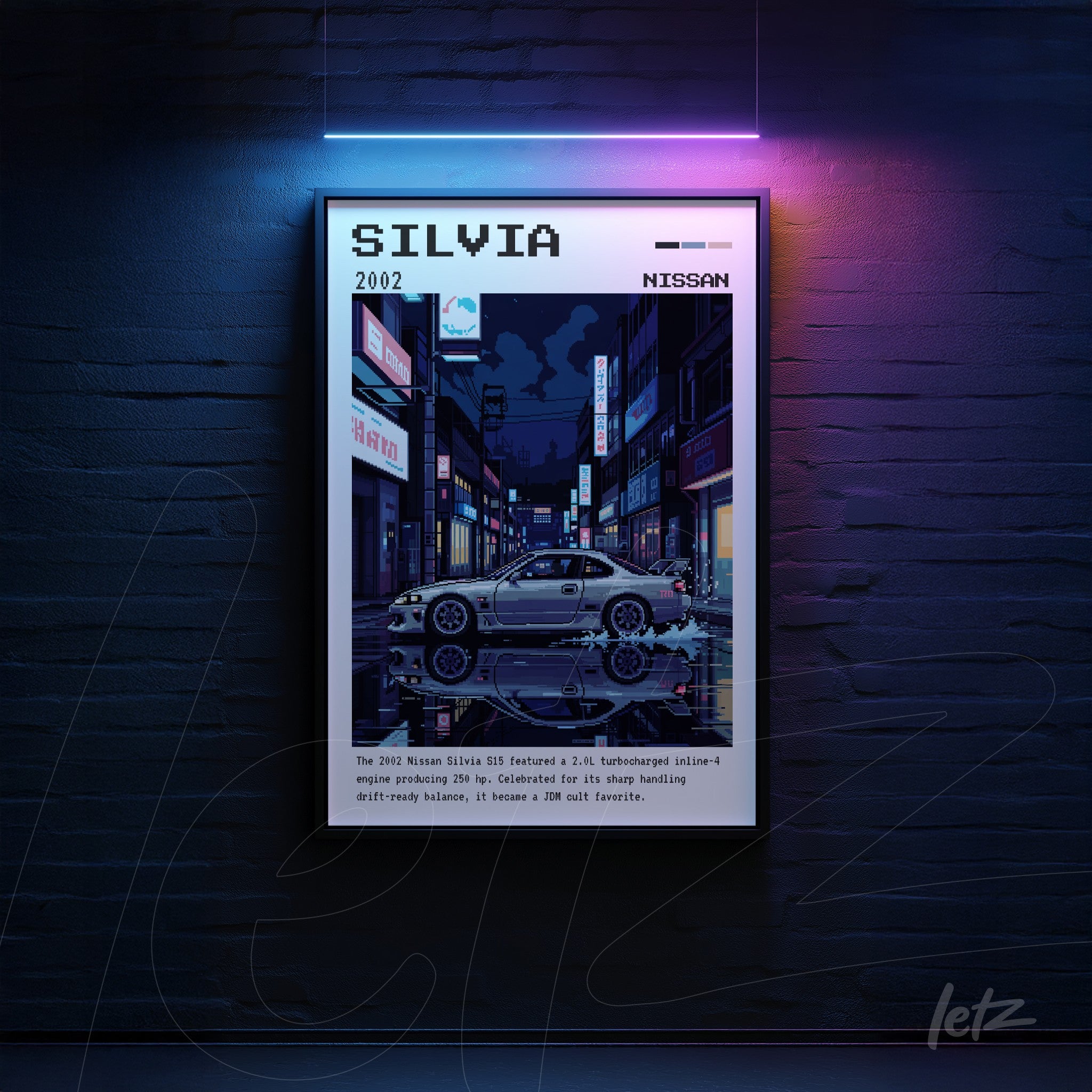 quadro com arte digital estilo retro de um carro Nissan Silvia em um ambiente urbano noturno com iluminação neon