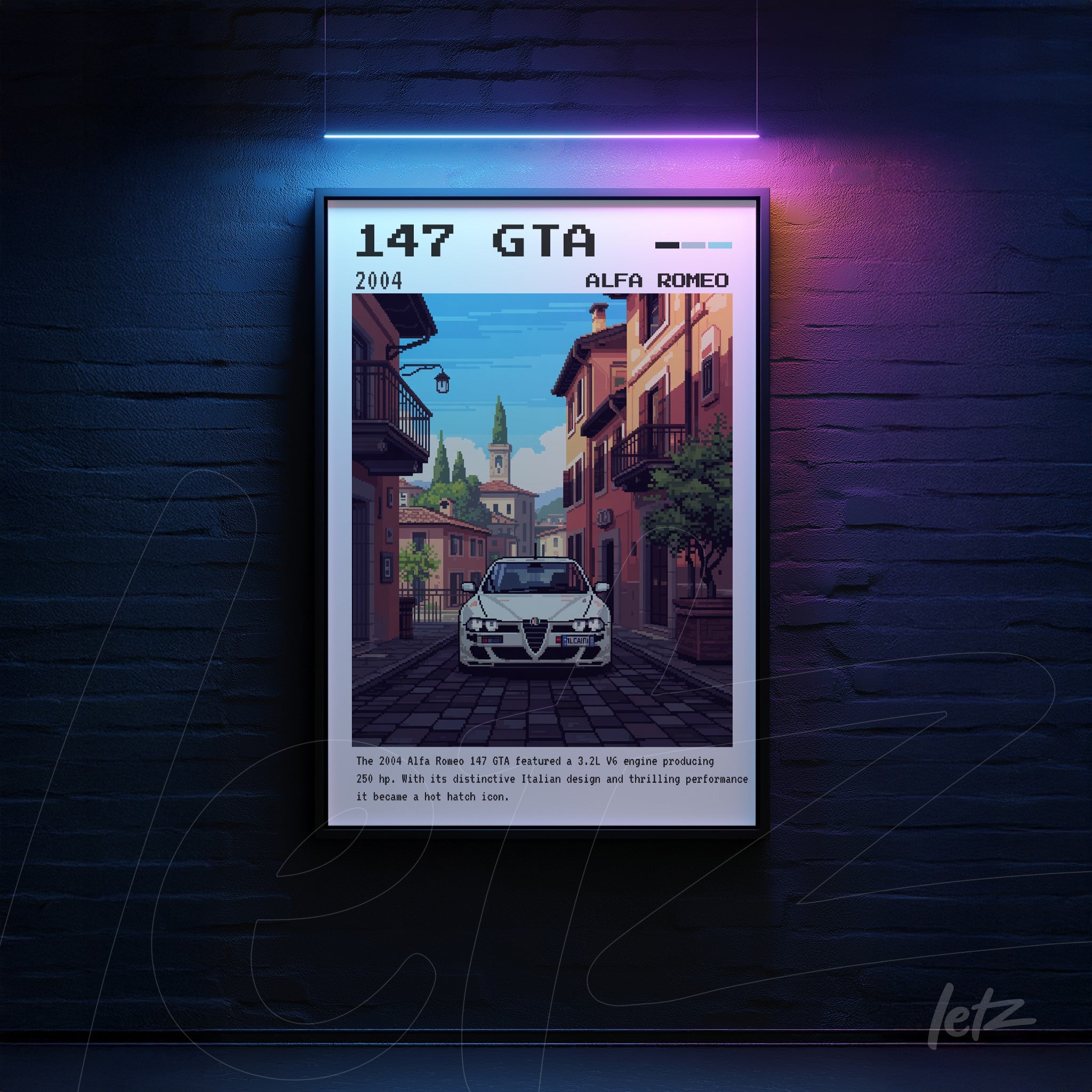 quadro com arte digital retrô de um Alfa Romeo 147 GTA em meio a edifícios coloridos e uma paisagem urbana
