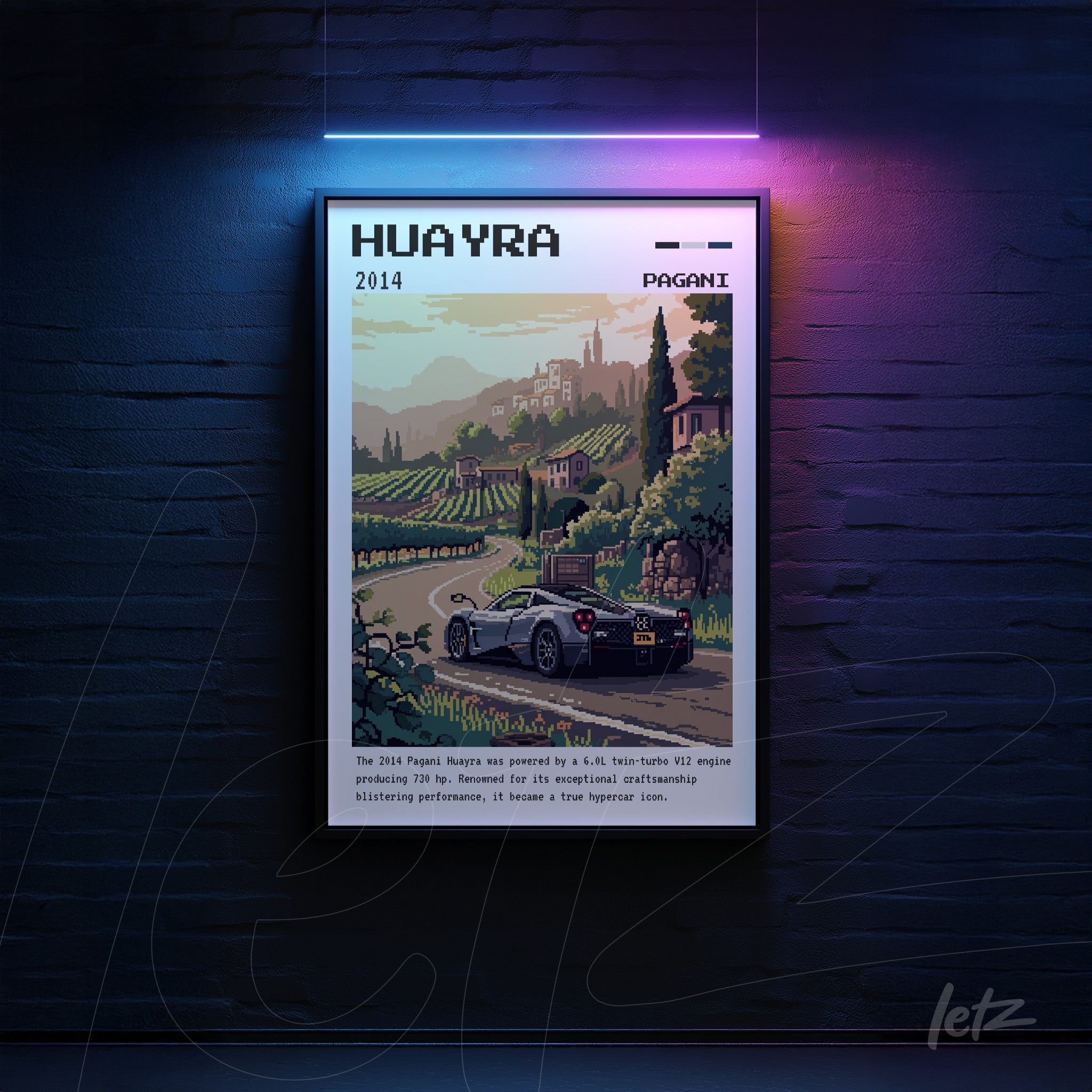 quadro emoldurado com arte pixelada do carro Pagani Huayra em paisagem rural, destacando vinhedos ao fundo e montanhas