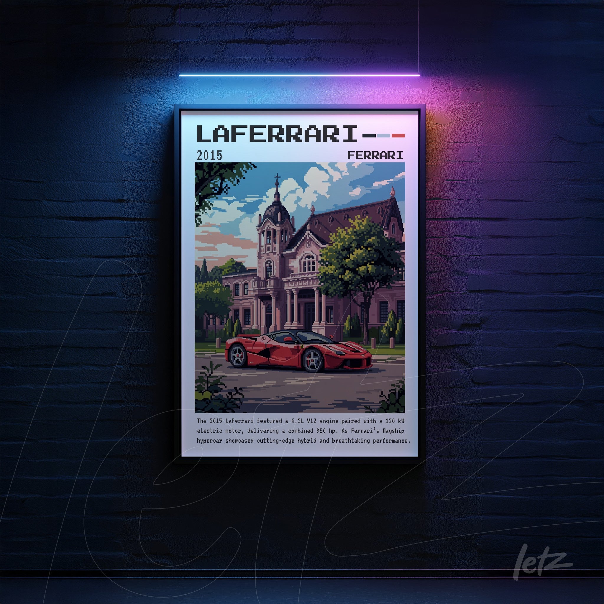quadro com arte digital do carro LaFerrari em estilo retrô, moldura preta com detalhes em neon