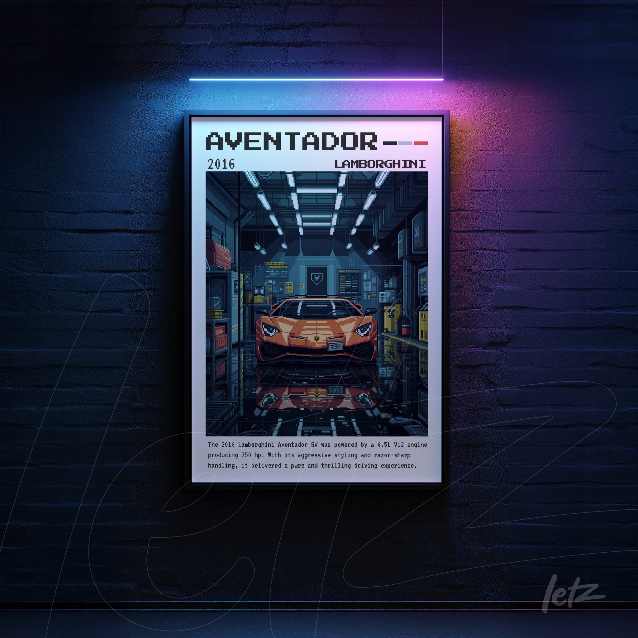 quadro com arte digital do Lamborghini Aventador em estilo retrô, exibido com moldura preta sobre parede de tijolos