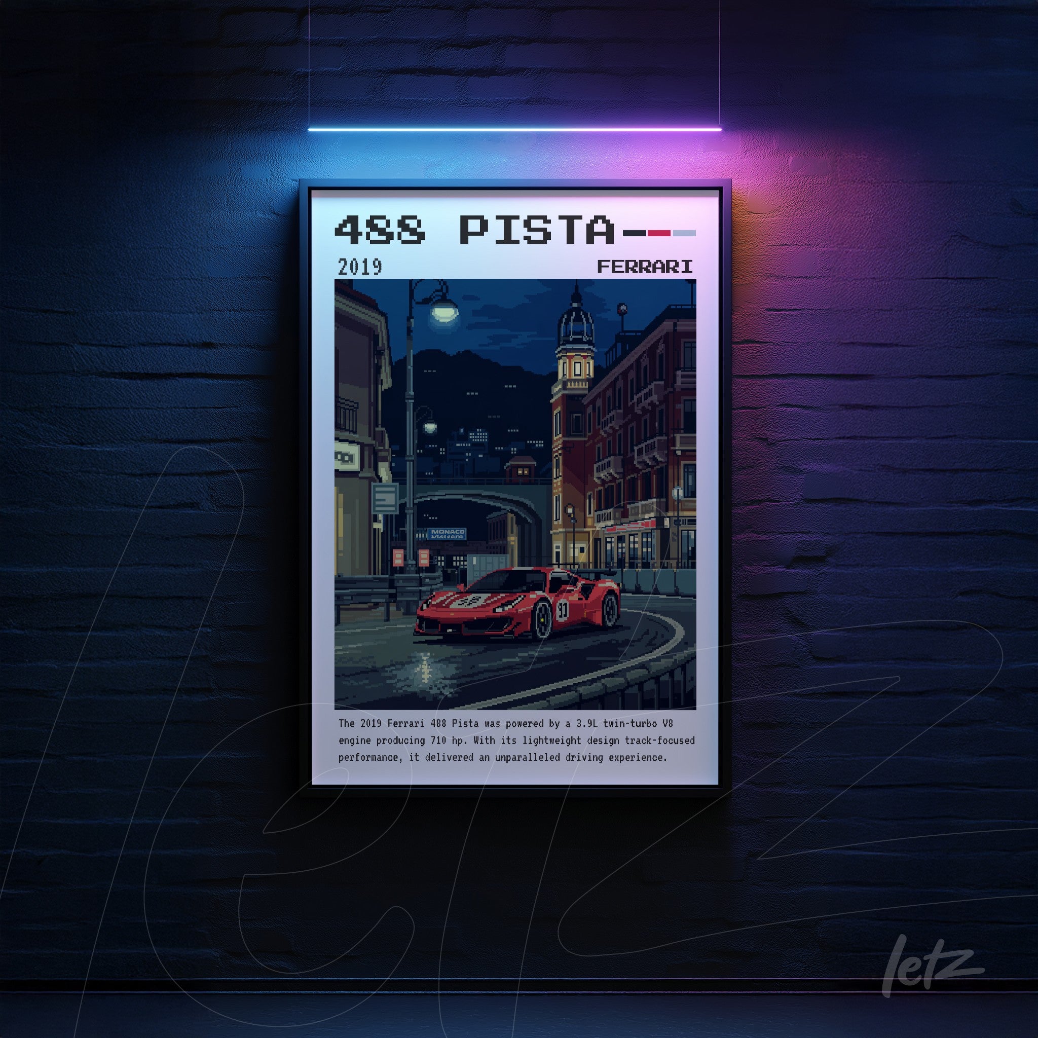 quadro com arte nostálgica do carro Ferrari 488 Pista em ambiente urbano noturno com moldura preta