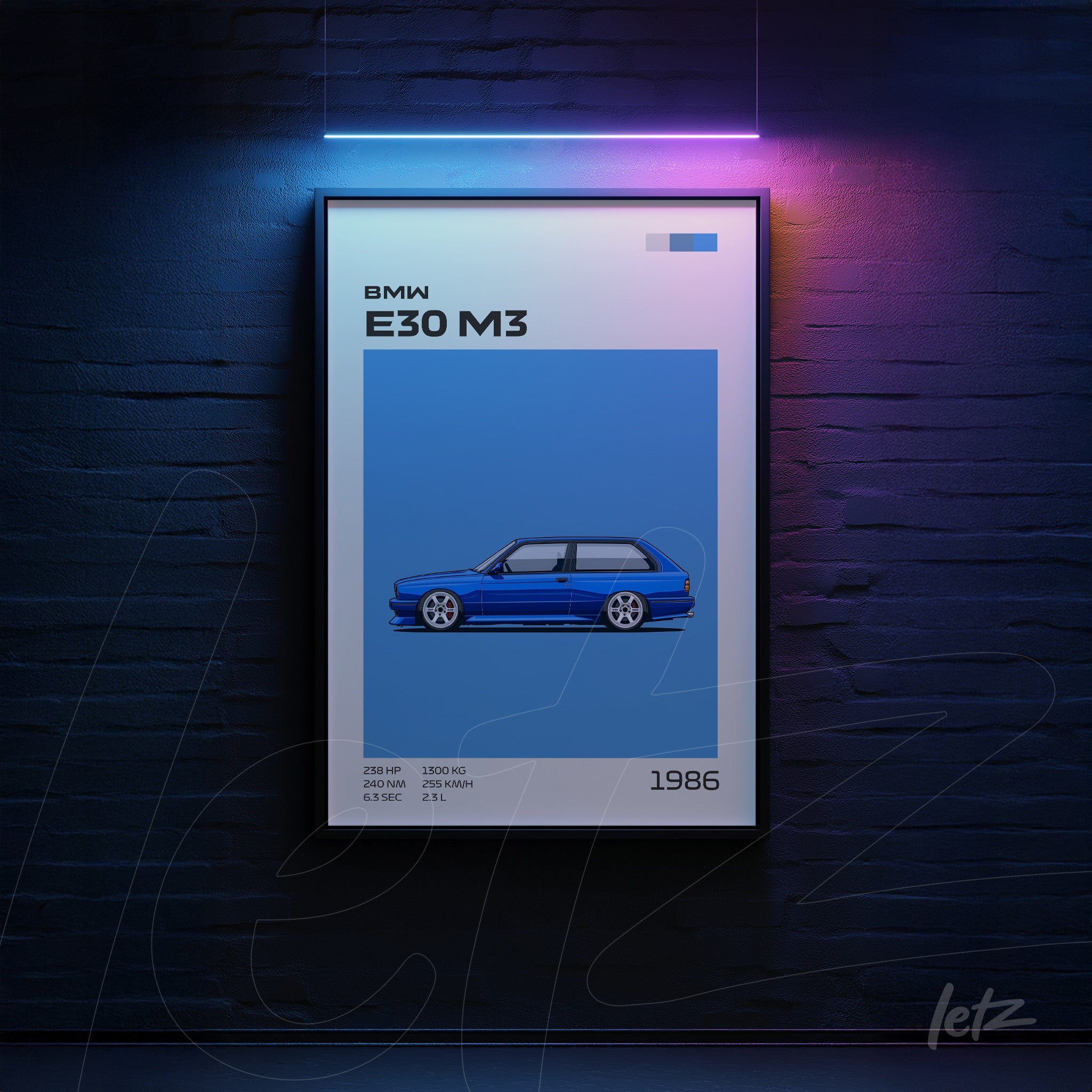 quadro com ilustração minimalista do carro BMW E30 M3 em moldura preta com fundo azul e iluminação neon