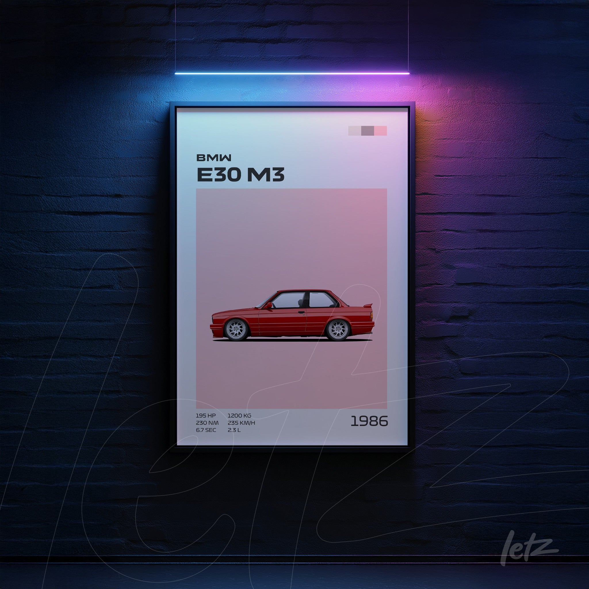 quadro com arte digital do carro BMW E30 M3 em moldura preta com fundo rosa