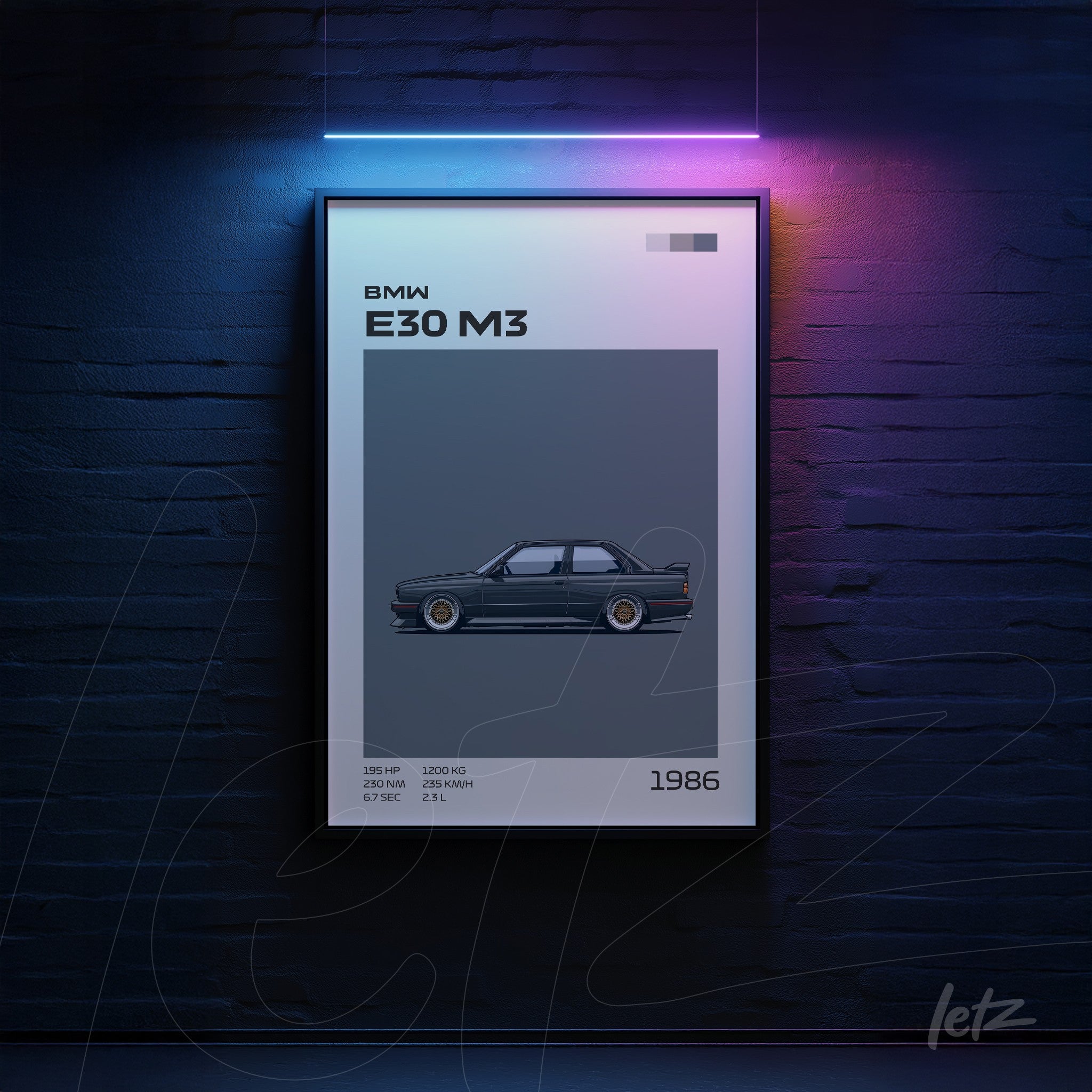 quadro com ilustração do carro BMW E30 M3 em moldura preta sobre fundo escuro