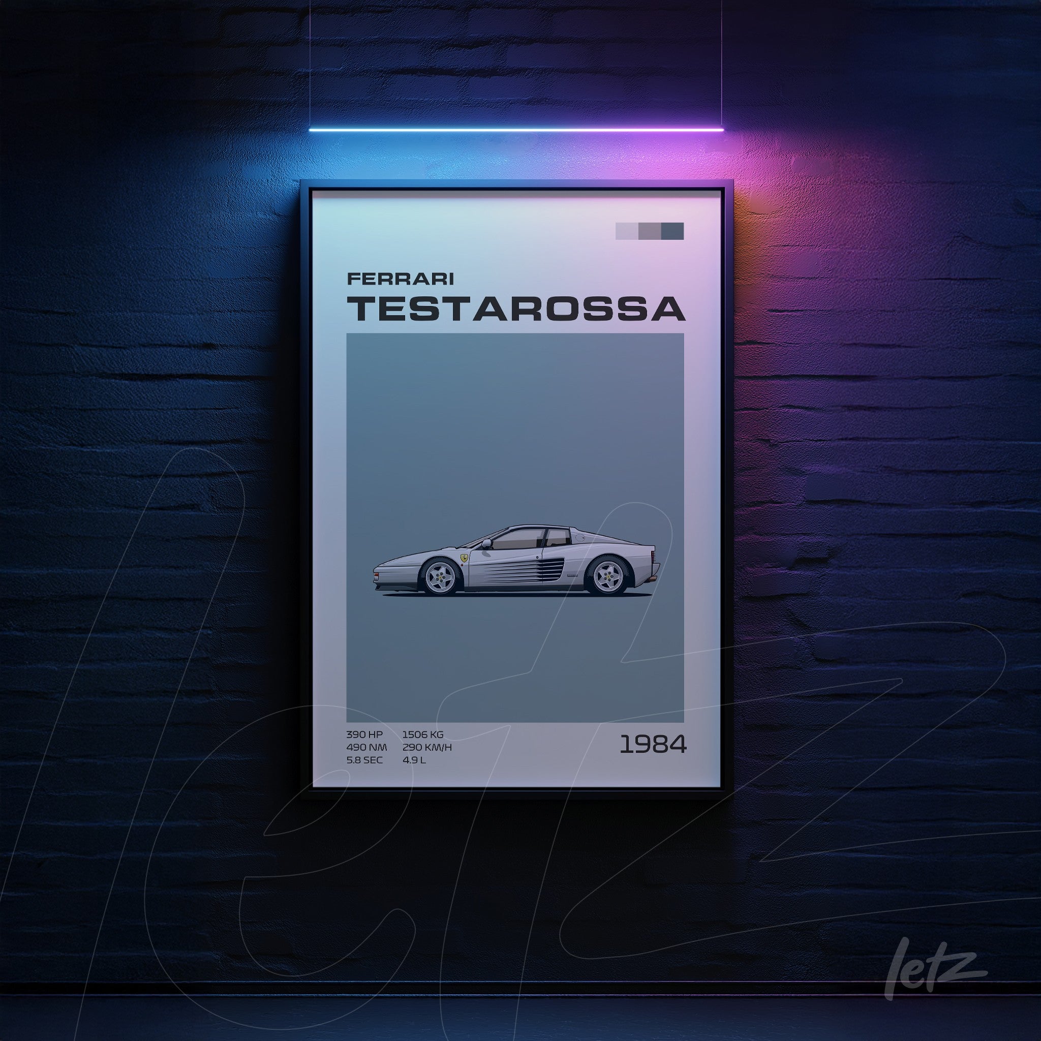 quadro com arte digital ilustrativa do carro Ferrari Testarossa em moldura preta
