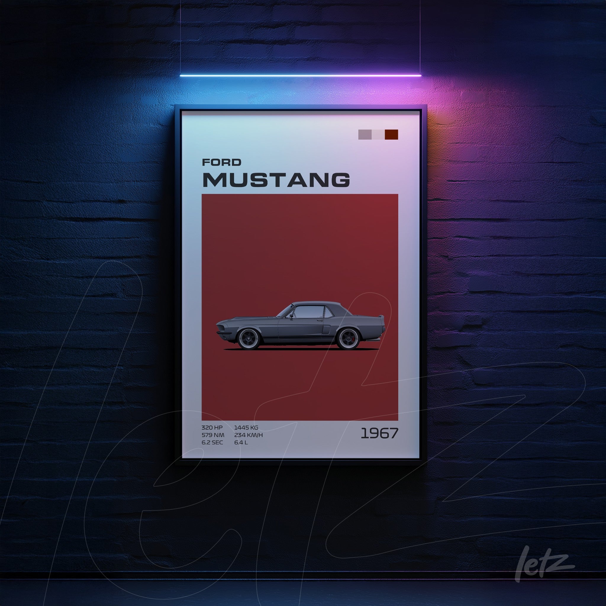 quadro com arte digital de um Ford Mustang 1967 em moldura preta com fundo vermelho