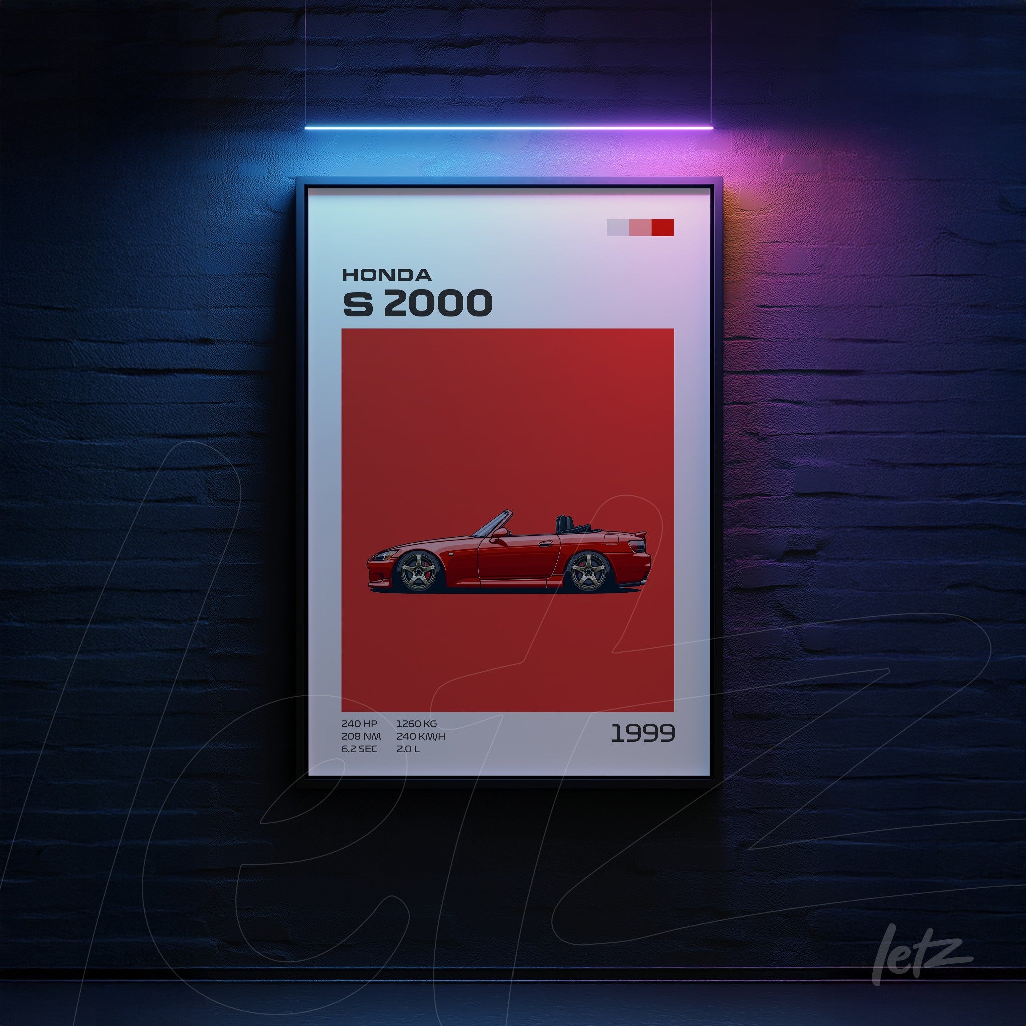 quadro com arte digital do carro Honda S2000 em fundo vermelho vibrante com moldura preta