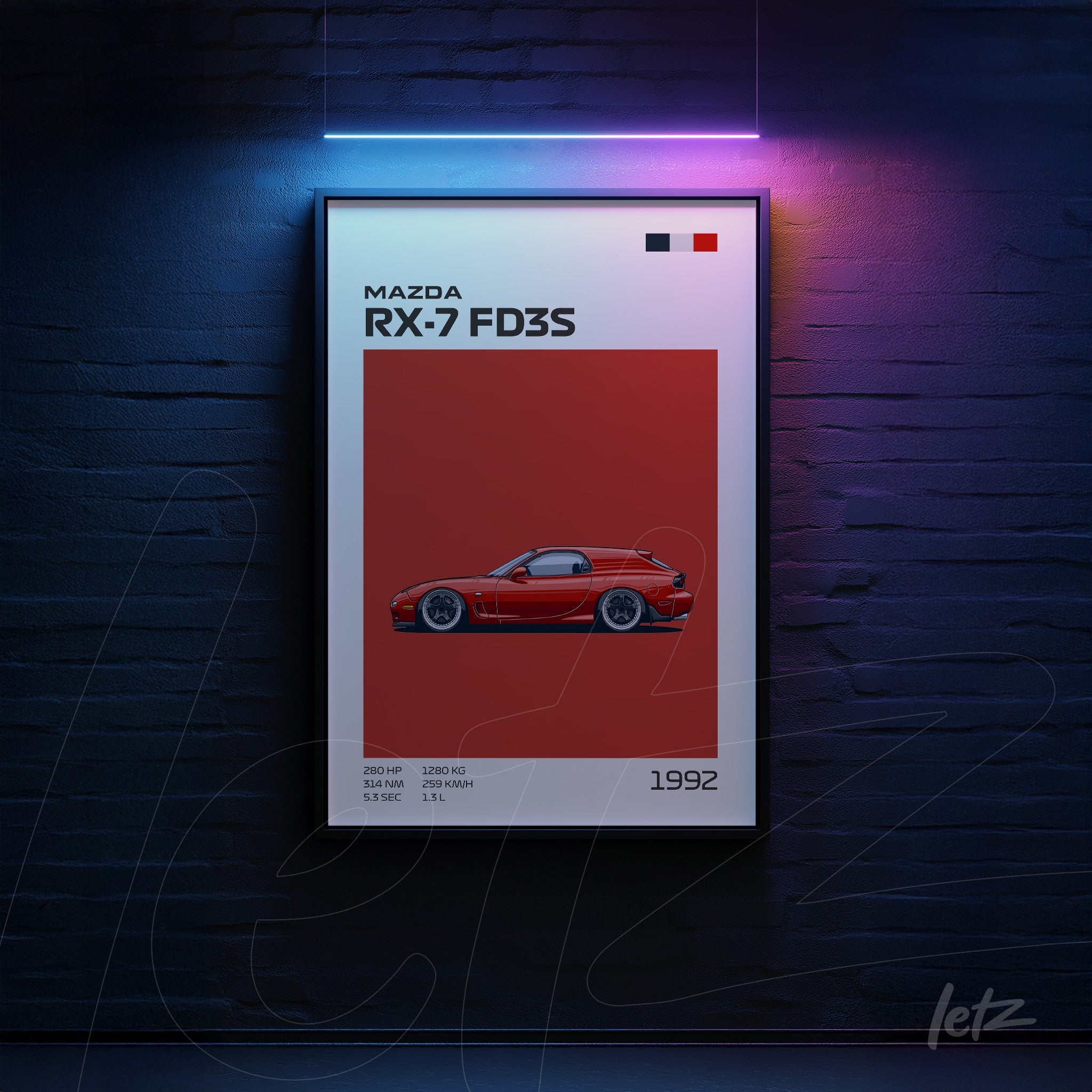 quadro com arte de carro Mazda RX-7 FD3S em fundo vermelho, com moldura preta e detalhes gráficos em preto e branco