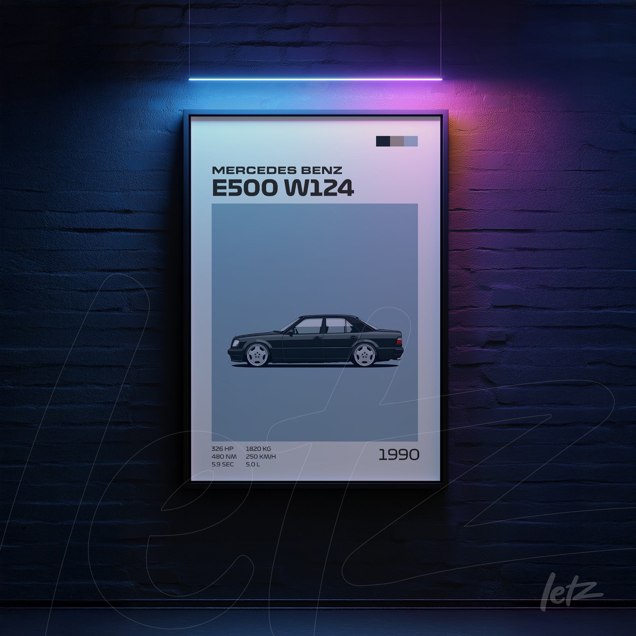 quadro com arte digital do carro Mercedes Benz E500 W124 em uma moldura preta sobre fundo azul escuro
