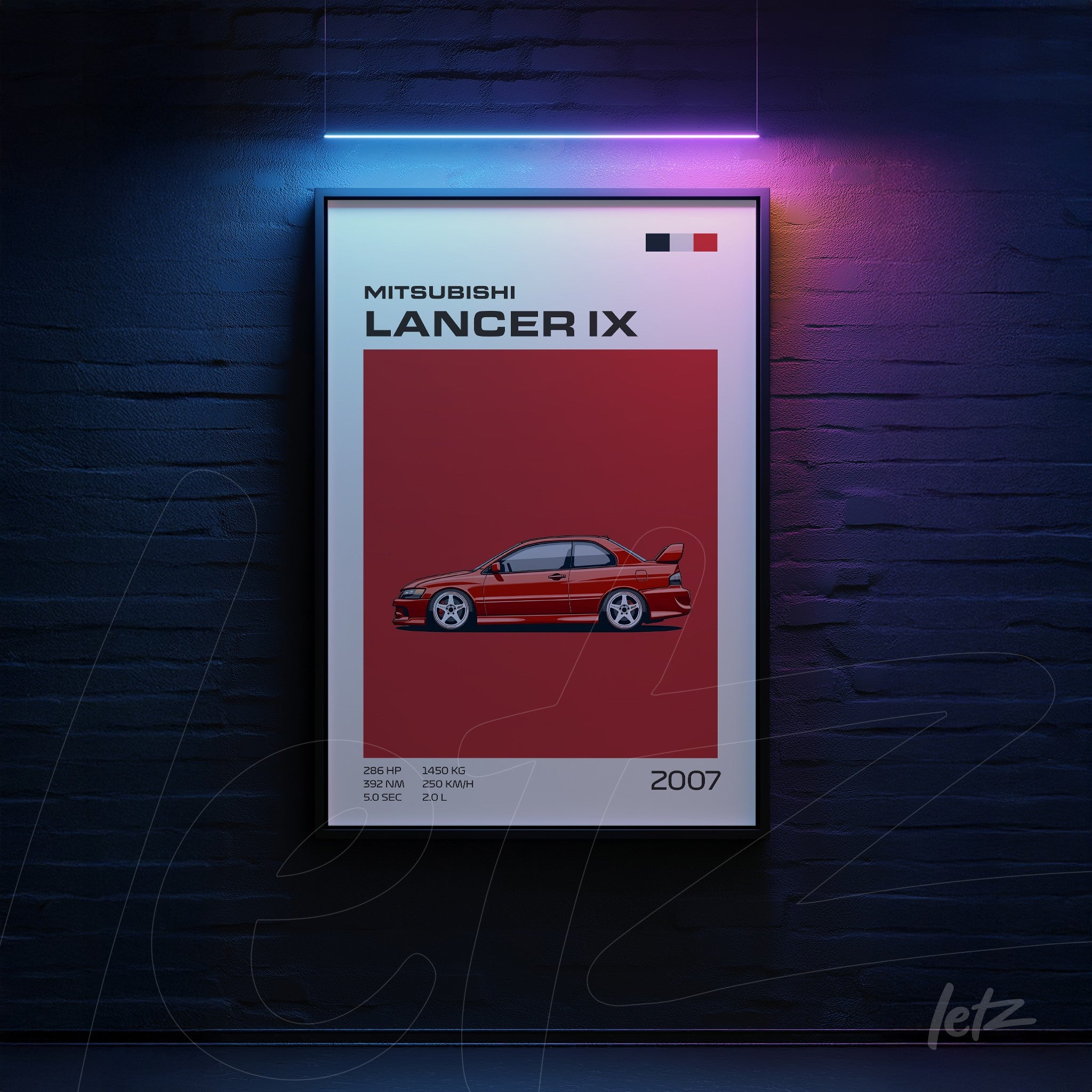 quadro com arte gráfica do carro Mitsubishi Lancer IX em fundo vermelho e moldura preta