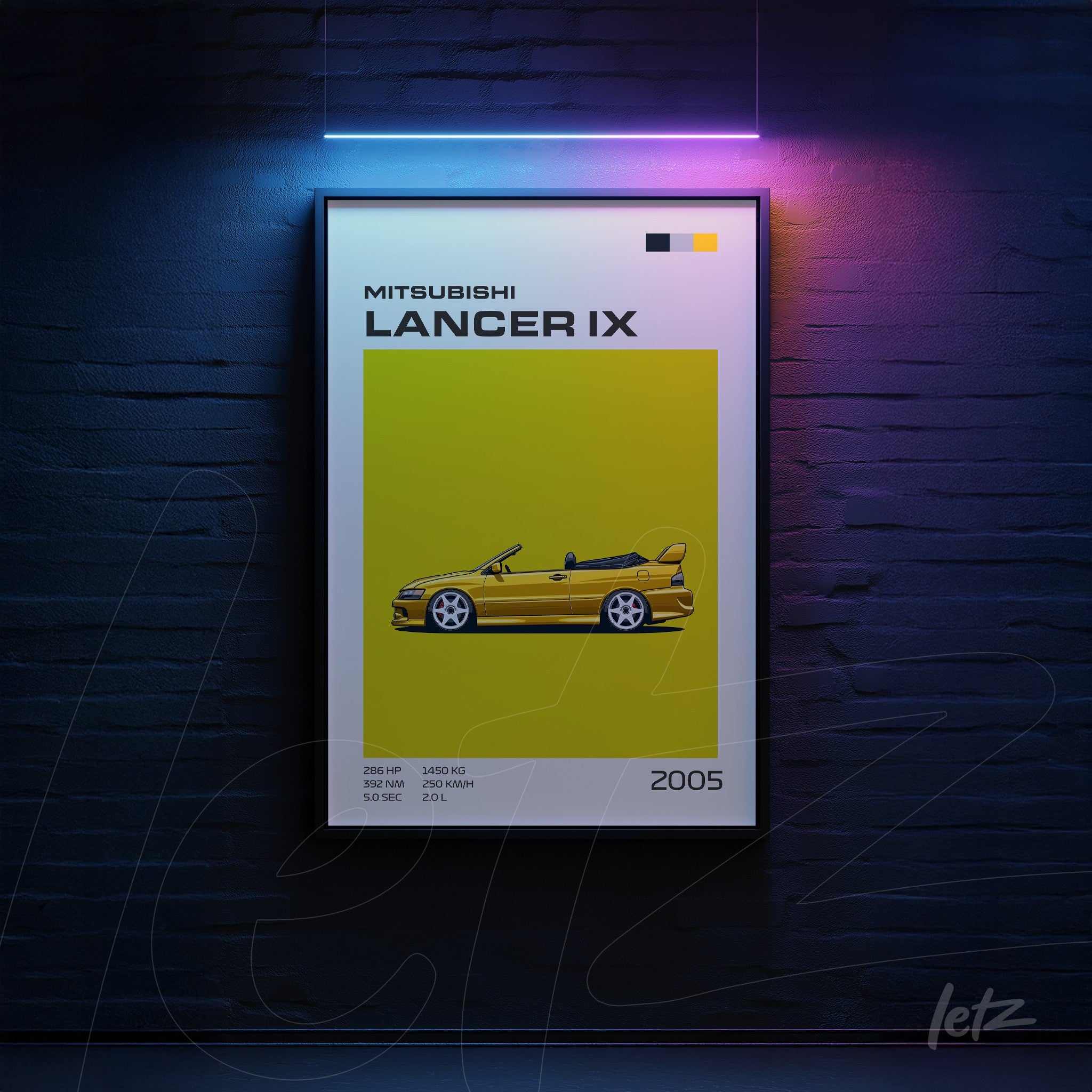 quadro com arte digital de um carro Mitsubishi Lancer IX em fundo amarelo vibrante e moldura preta
