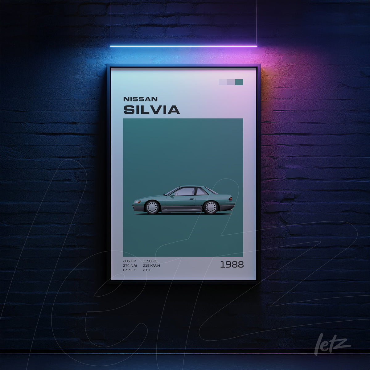 quadro emoldurado com arte digital do carro Nissan Silvia em fundo verde-água, destacando detalhes técnicos e ano 1988