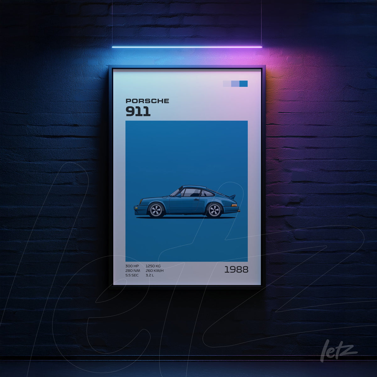 quadro com ilustração do carro Porsche 911 azul em moldura escura sobre parede azul escura